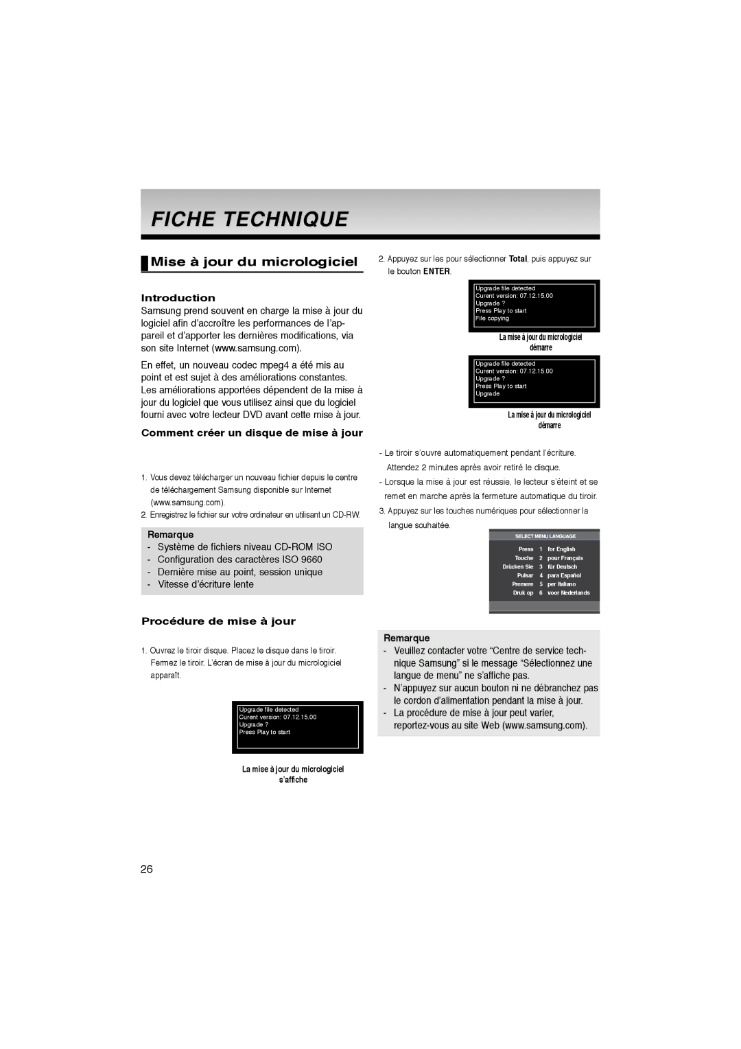 Samsung DVD-P181/XEL Fiche Technique, Mise à jour du micrologiciel, Introduction, Comment créer un disque de mise à jour 