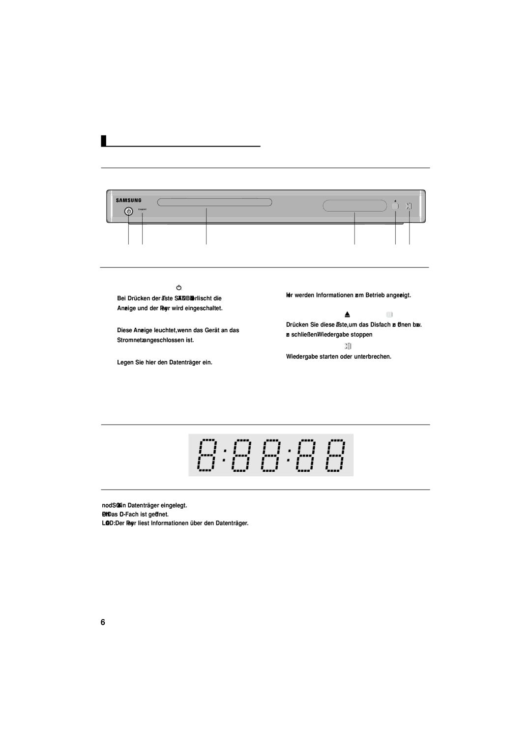 Samsung DVD-P181/EDC manual Beschreibung, Bedienelemente an der Vorderseite, Display an der Gerätevorderseite, Disc-Fach 