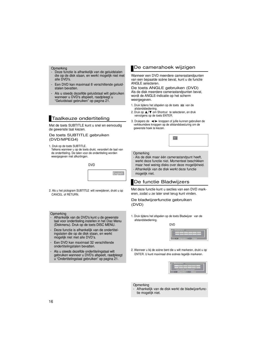 Samsung DVD-P181/XEL, DVD-P181/EDC manual Taalkeuze ondertiteling, De camerahoek wijzigen, De functie Bladwijzers 