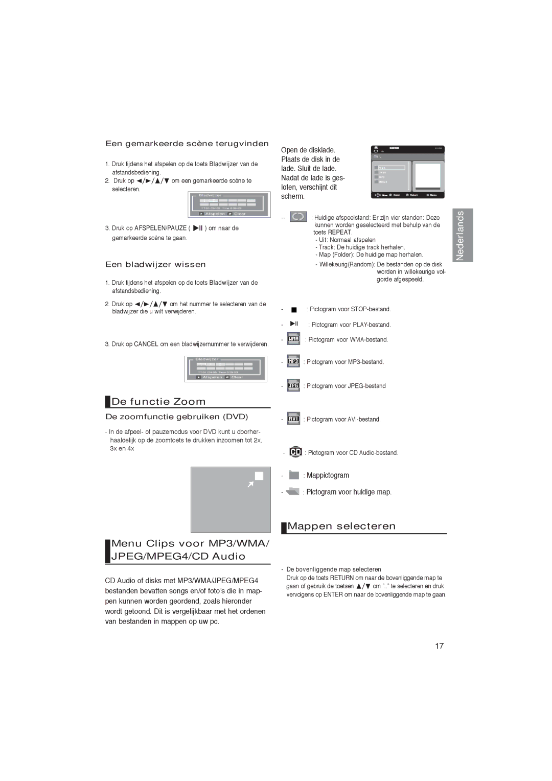 Samsung DVD-P181/EDC, DVD-P181/XEL Een gemarkeerde scène terugvinden, Een bladwijzer wissen, De zoomfunctie gebruiken DVD 