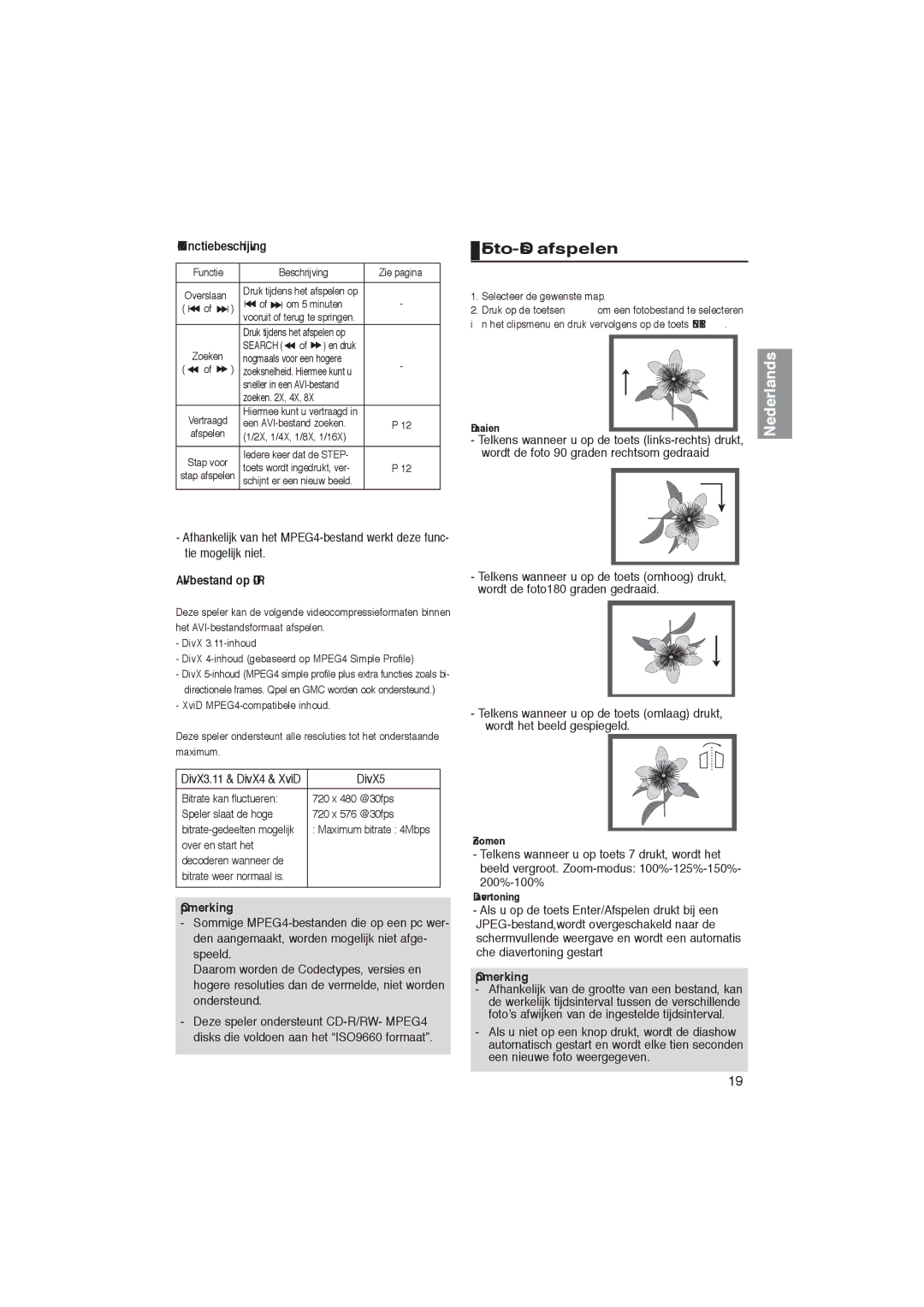 Samsung DVD-P181/EDC, DVD-P181/XEL manual MPEG4 Functiebeschrijving, AVI-bestand op CD-R, Opmerking 