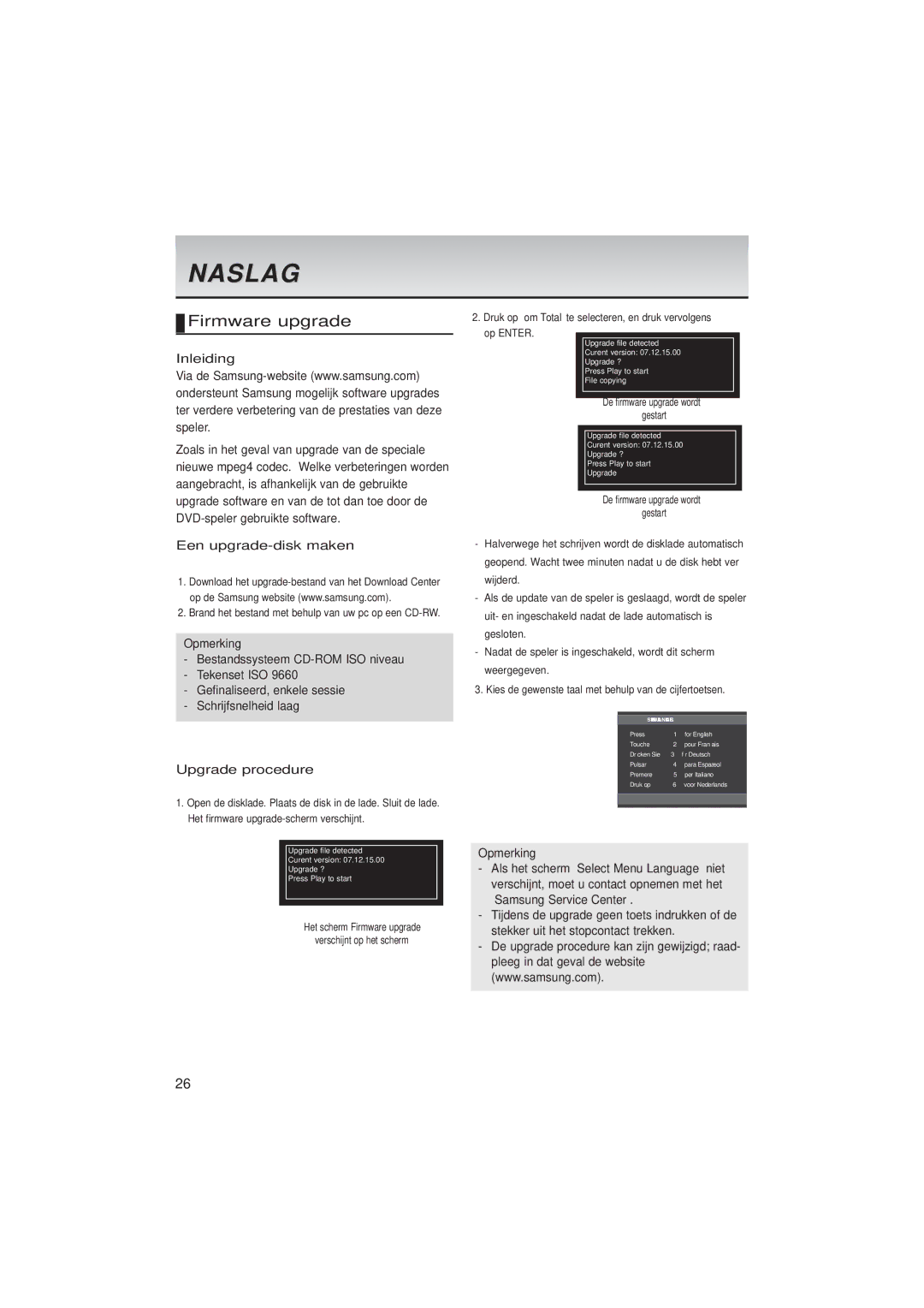 Samsung DVD-P181/XEL, DVD-P181/EDC manual Inleiding, Een upgrade-disk maken, Upgrade procedure 