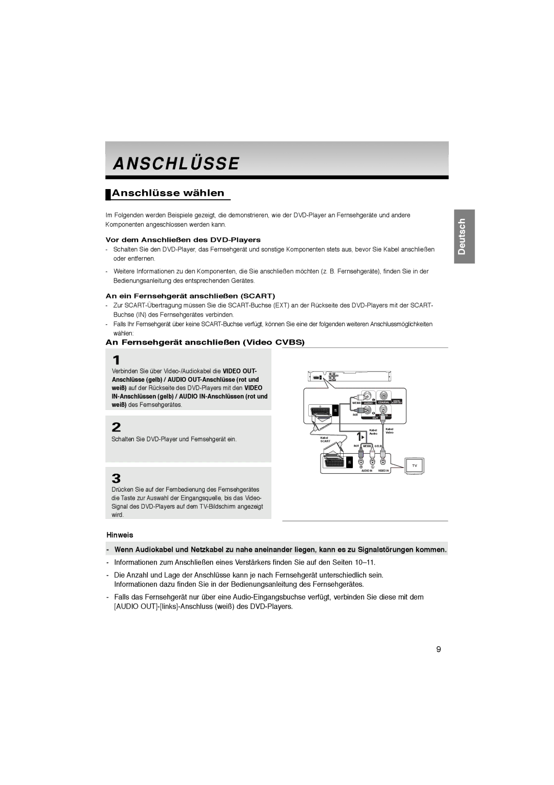 Samsung DVD-P181/XEL manual Anschlüsse wählen, An Fernsehgerät anschließen Video Cvbs, Vor dem Anschließen des DVD-Players 