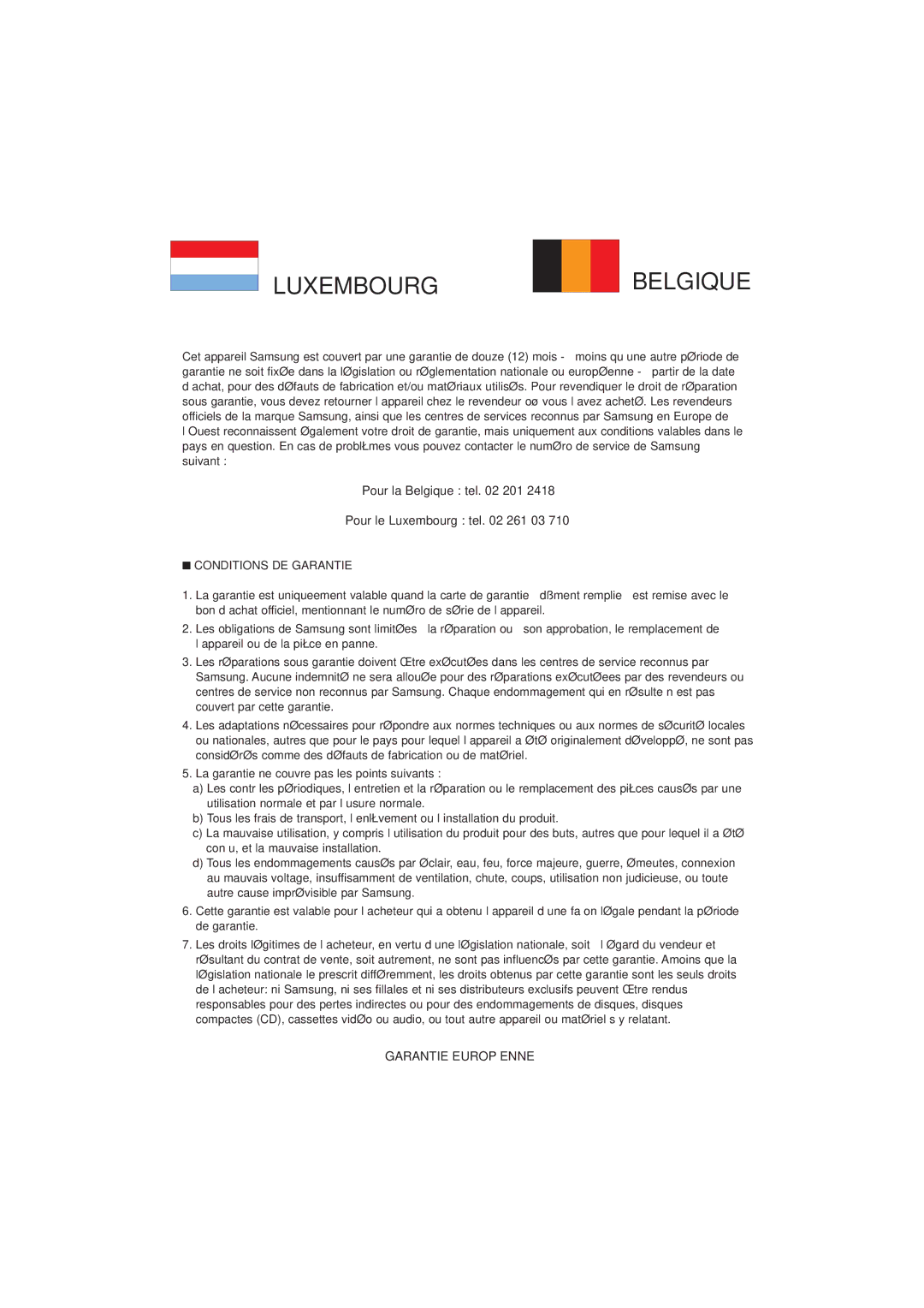 Samsung DVD-P181/XEL, DVD-P181/EDC manual Luxembourgbelgique, Pour la Belgique tel 201 Pour le Luxembourg tel 261 03 