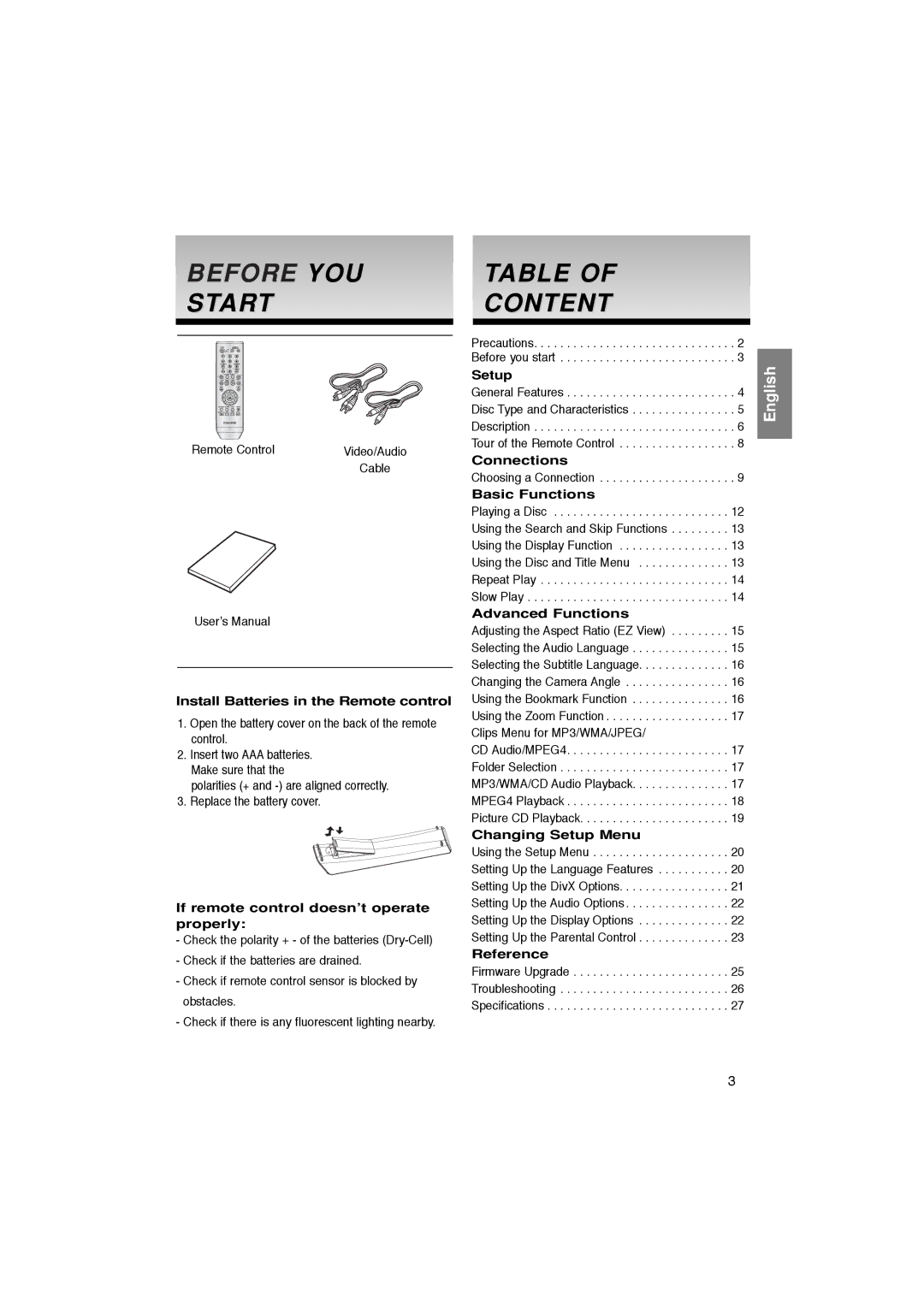 Samsung DVD-P181/XEL, DVD-P181/EDC manual Start, Content 