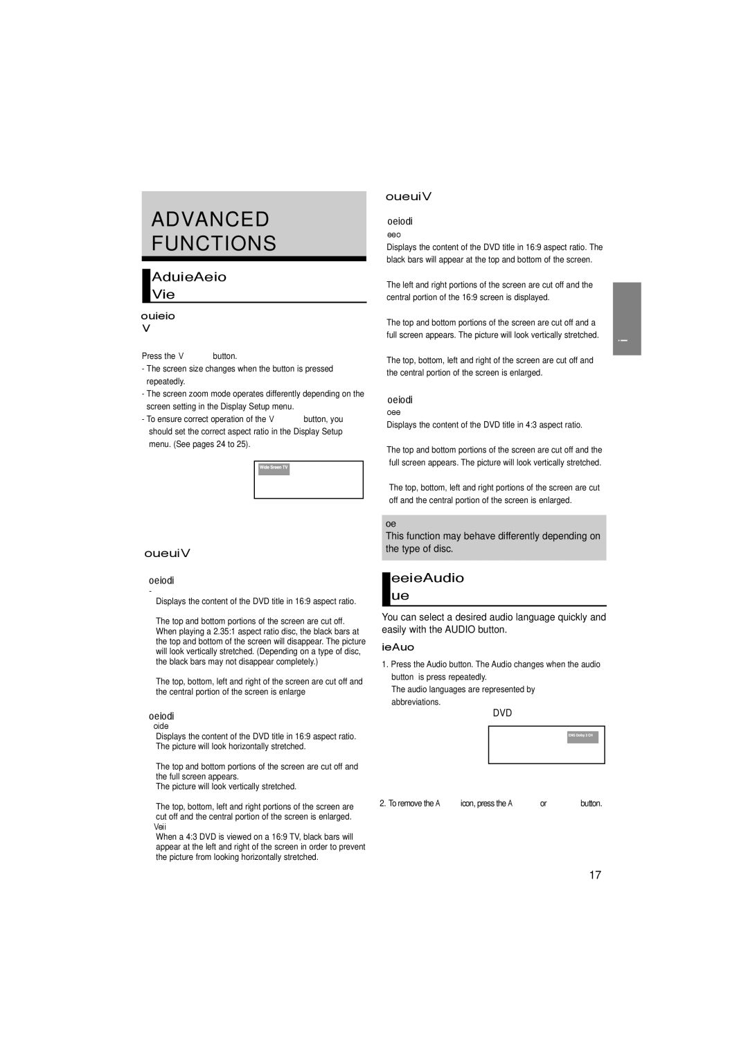 Samsung DVD-P181K/UMG manual Adjusting the Aspect Ratio EZ View, Selecting the Audio Language, If you are using a 43 TV 