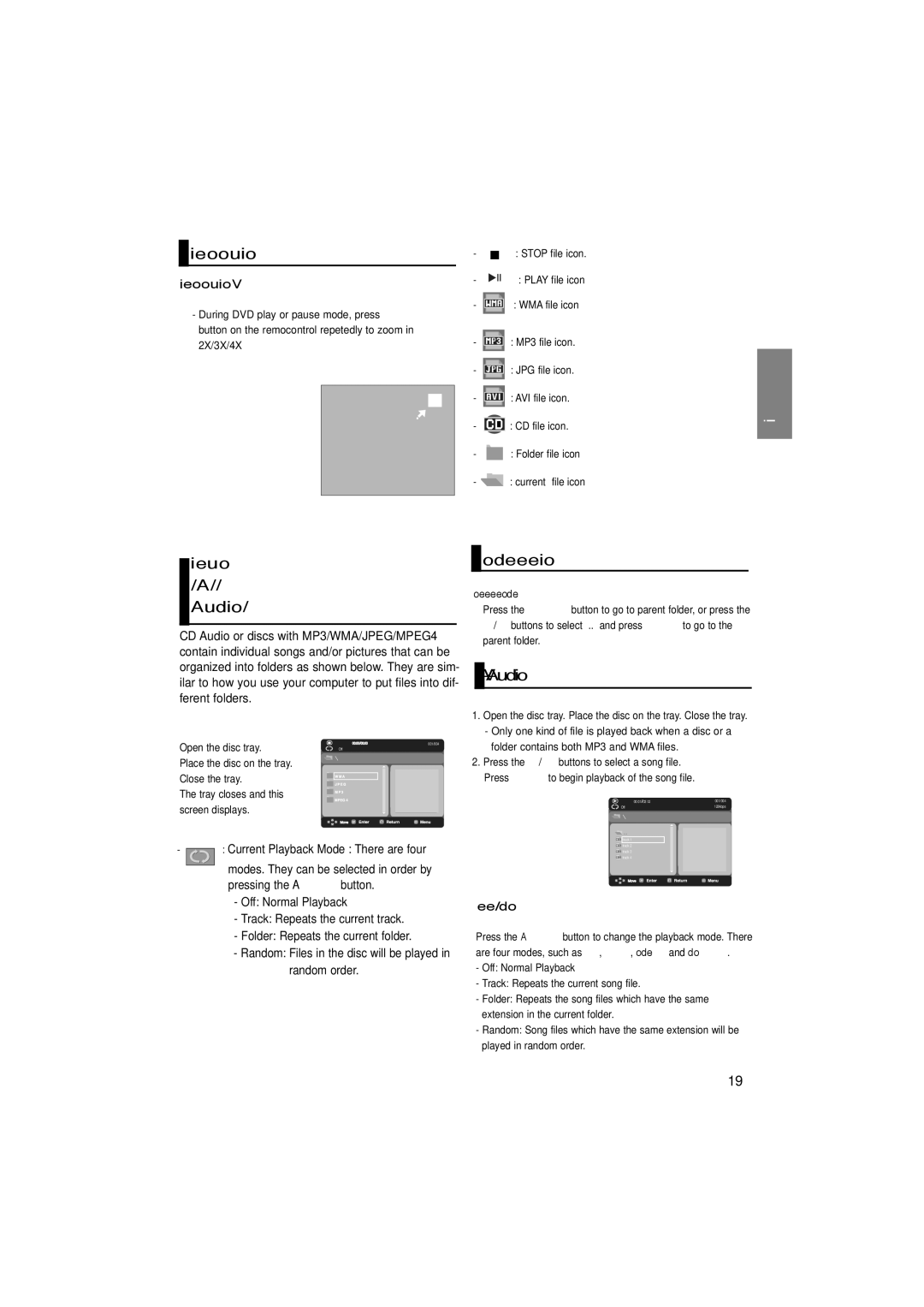 Samsung DVD-P181K/UMG Using the Zoom Function, Clips Menu for, Audio/MPEG4, Folder Selection, MP3/WMA/CDAudioPlayback 