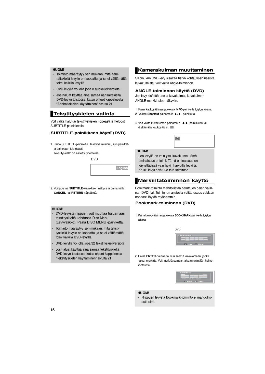 Samsung DVD-P181/XEE manual Tekstityskielen valinta, Kamerakulman muuttaminen, Merkintätoiminnon käyttö 