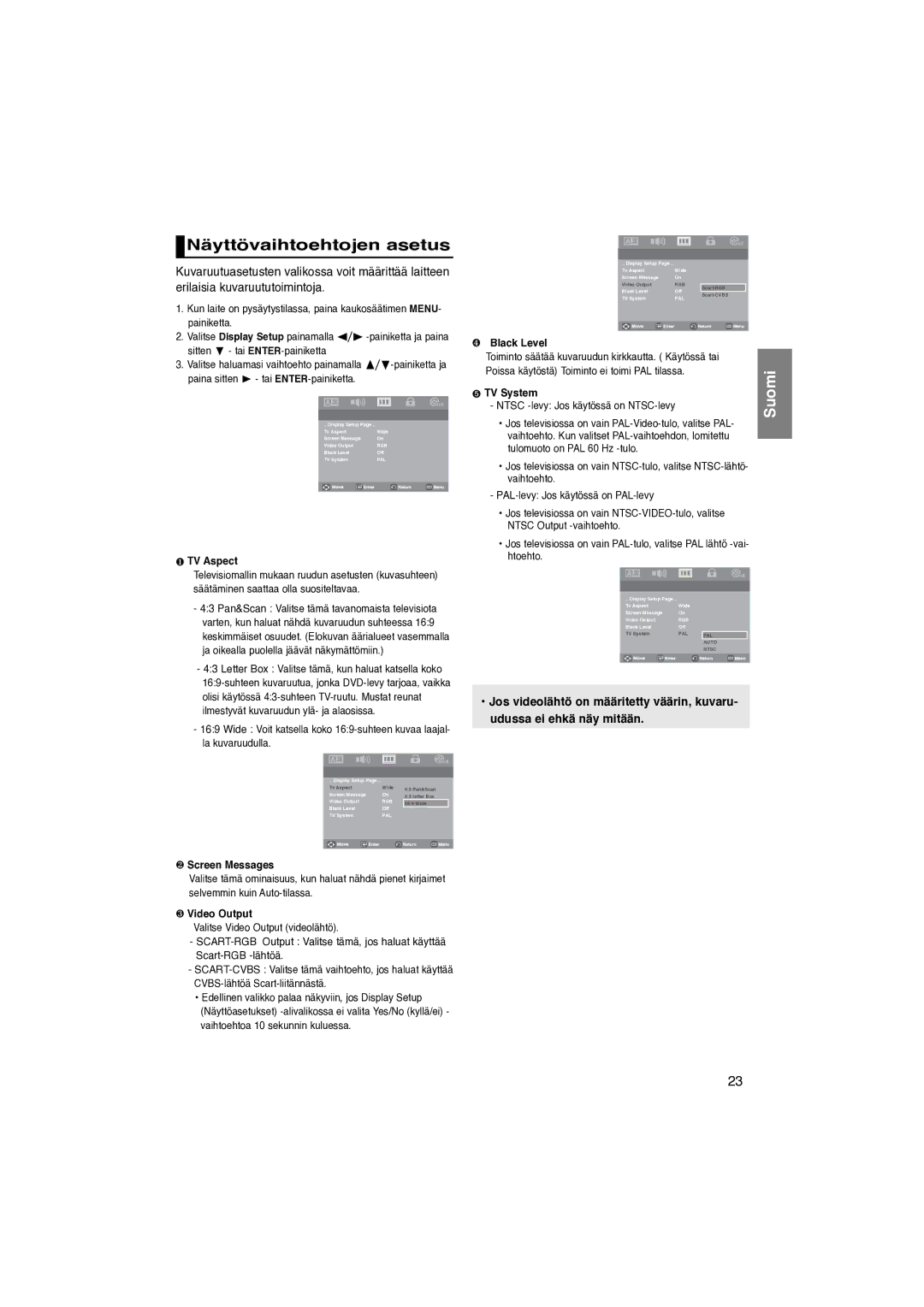 Samsung DVD-P181/XEE manual Näyttövaihtoehtojen asetus, Valitse Display Setup painamalla  -painiketta ja paina, Htoehto 