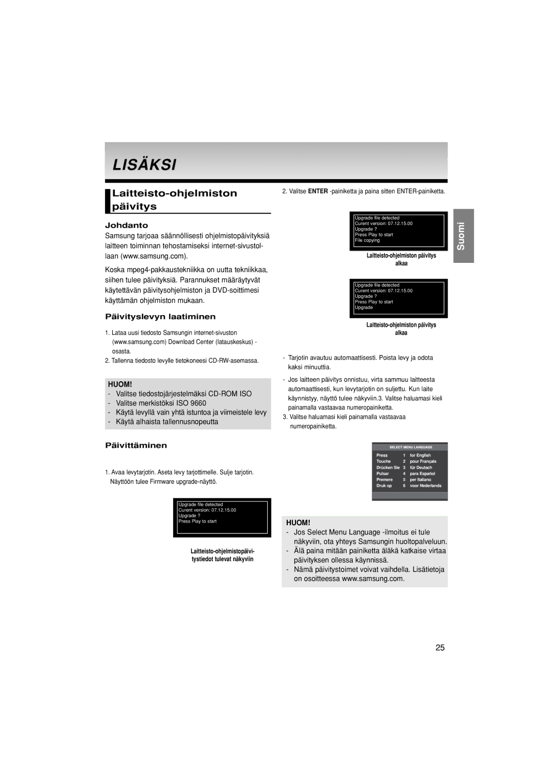 Samsung DVD-P181/XEE manual Lisäksi, Laitteisto-ohjelmiston päivitys, Johdanto, Päivityslevyn laatiminen, Päivittäminen 