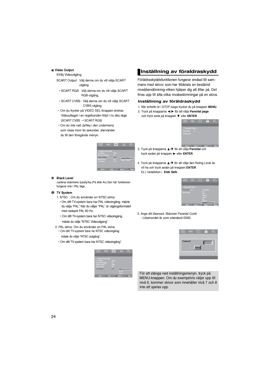 Samsung DVD-P181/XEE manual Inställning av föraldraskydd, Inställning av föräldraskydd, ❸ Video Output SVälj Videoutgång 