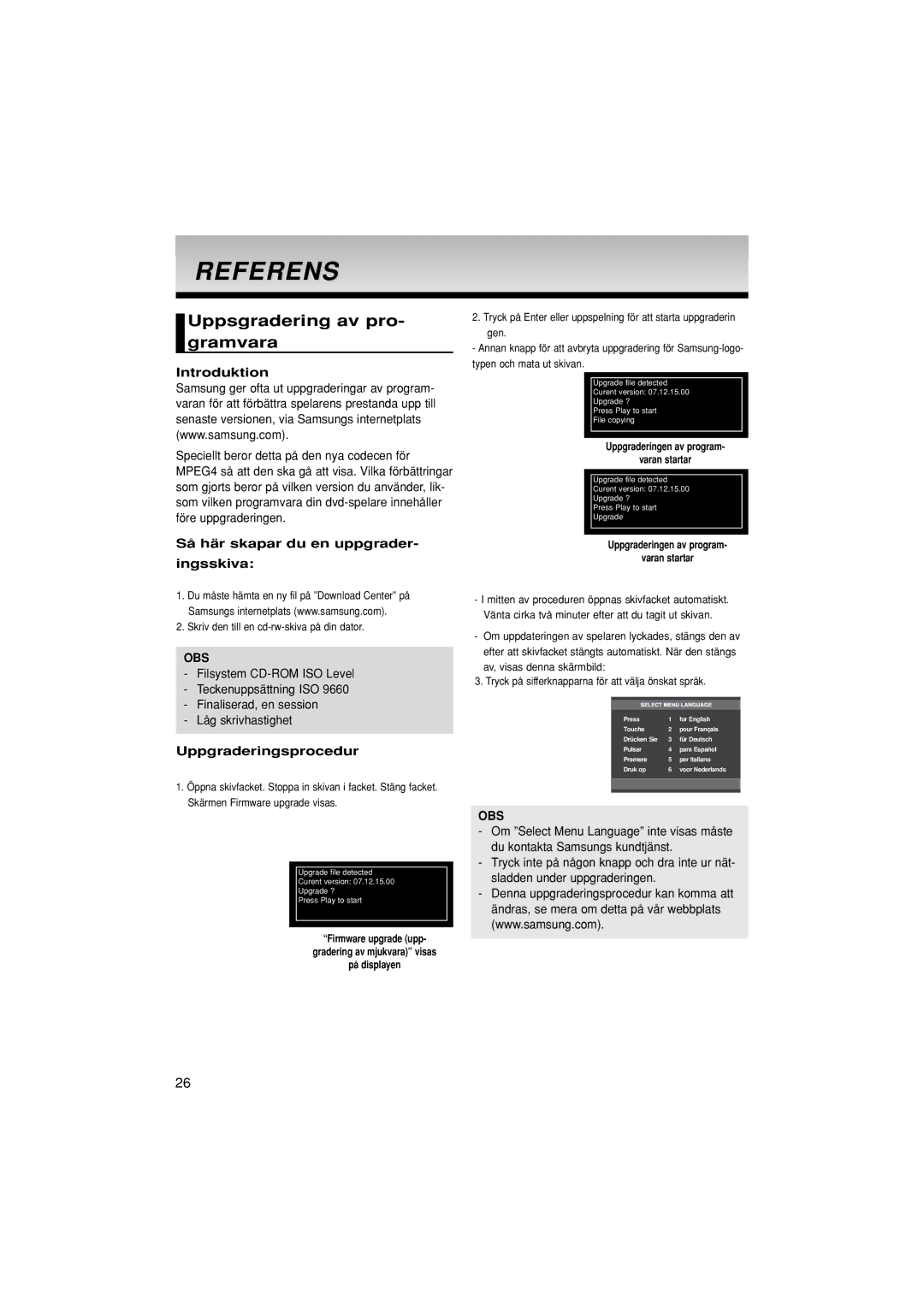 Samsung DVD-P181/XEE manual Referens, Uppsgradering av pro- gramvara, Introduktion, Så här skapar du en uppgrader Ingsskiva 