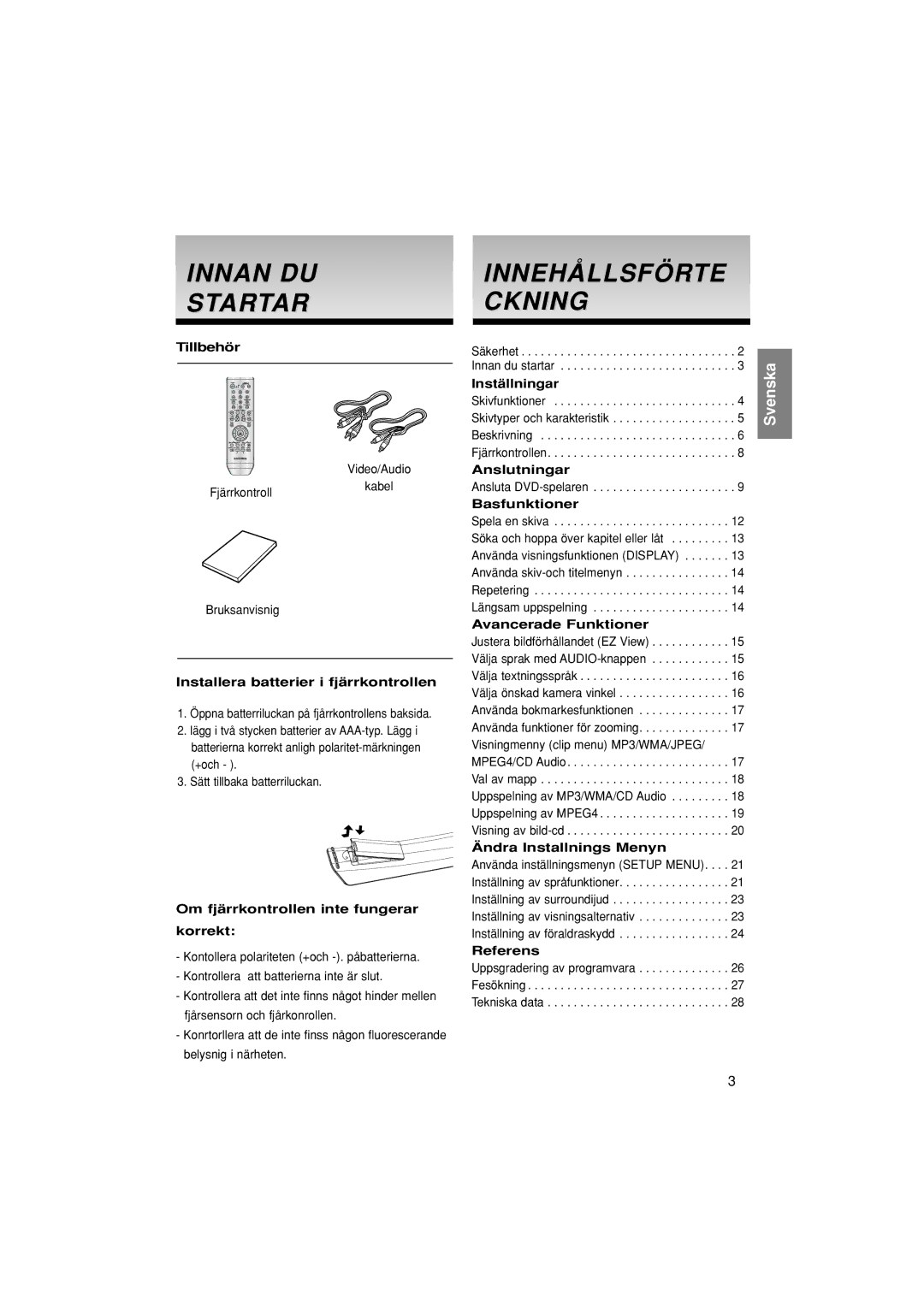 Samsung DVD-P181/XEE manual Innan DU Startar, Innehållsförte Ckning 