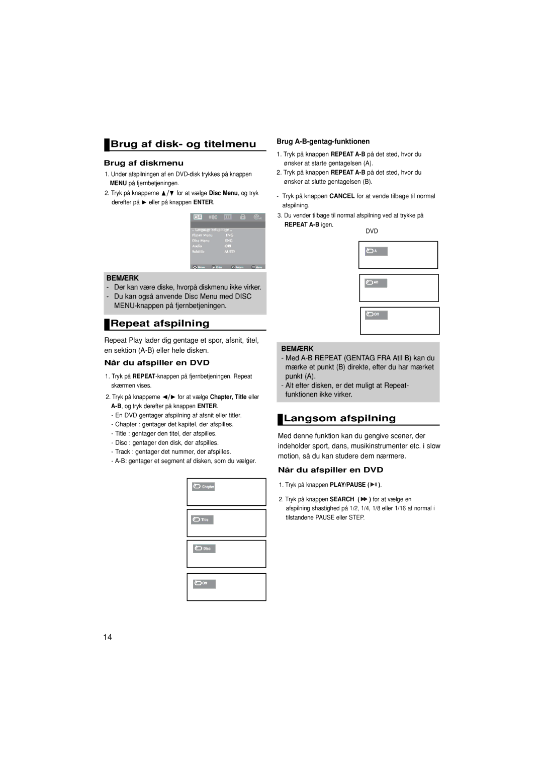 Samsung DVD-P181/XEE manual Brug af disk- og titelmenu, Repeat afspilning, Langsom afspilning 