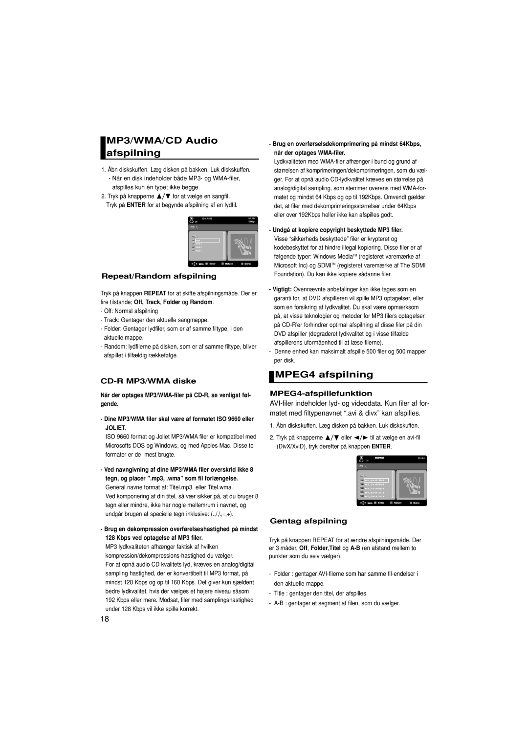 Samsung DVD-P181/XEE manual MP3/WMA/CD Audio afspilning, MPEG4 afspilning 