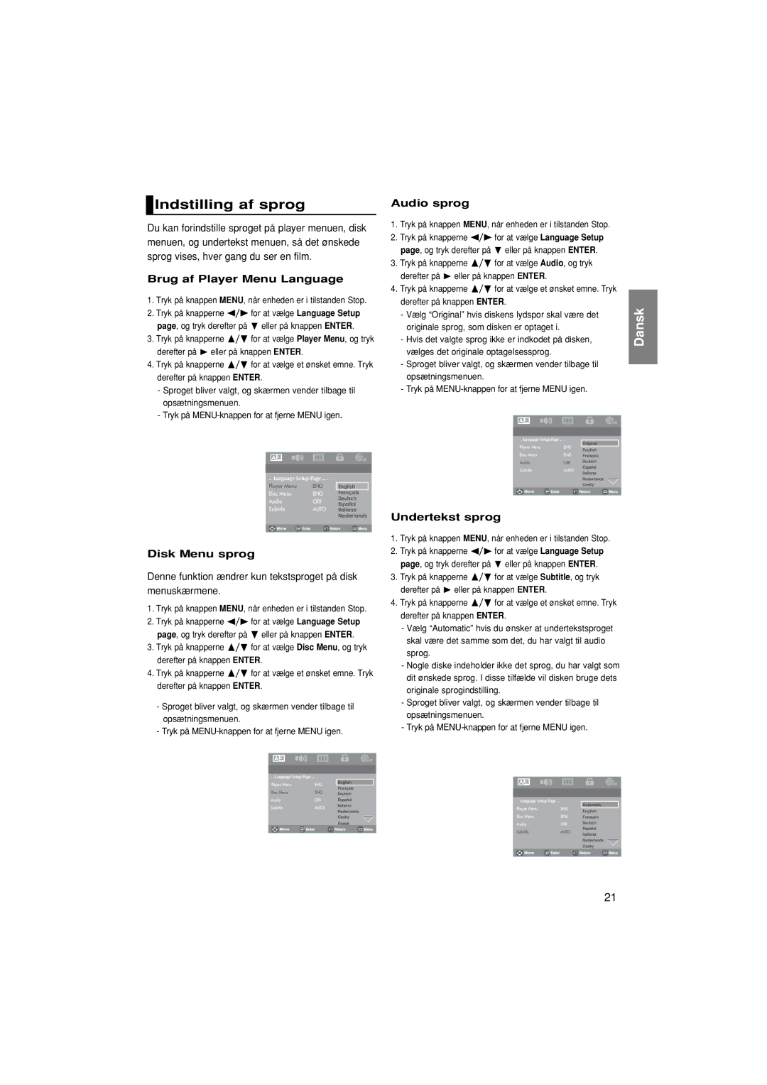 Samsung DVD-P181/XEE Indstilling af sprog, Brug af Player Menu Language, Disk Menu sprog, Audio sprog, Undertekst sprog 