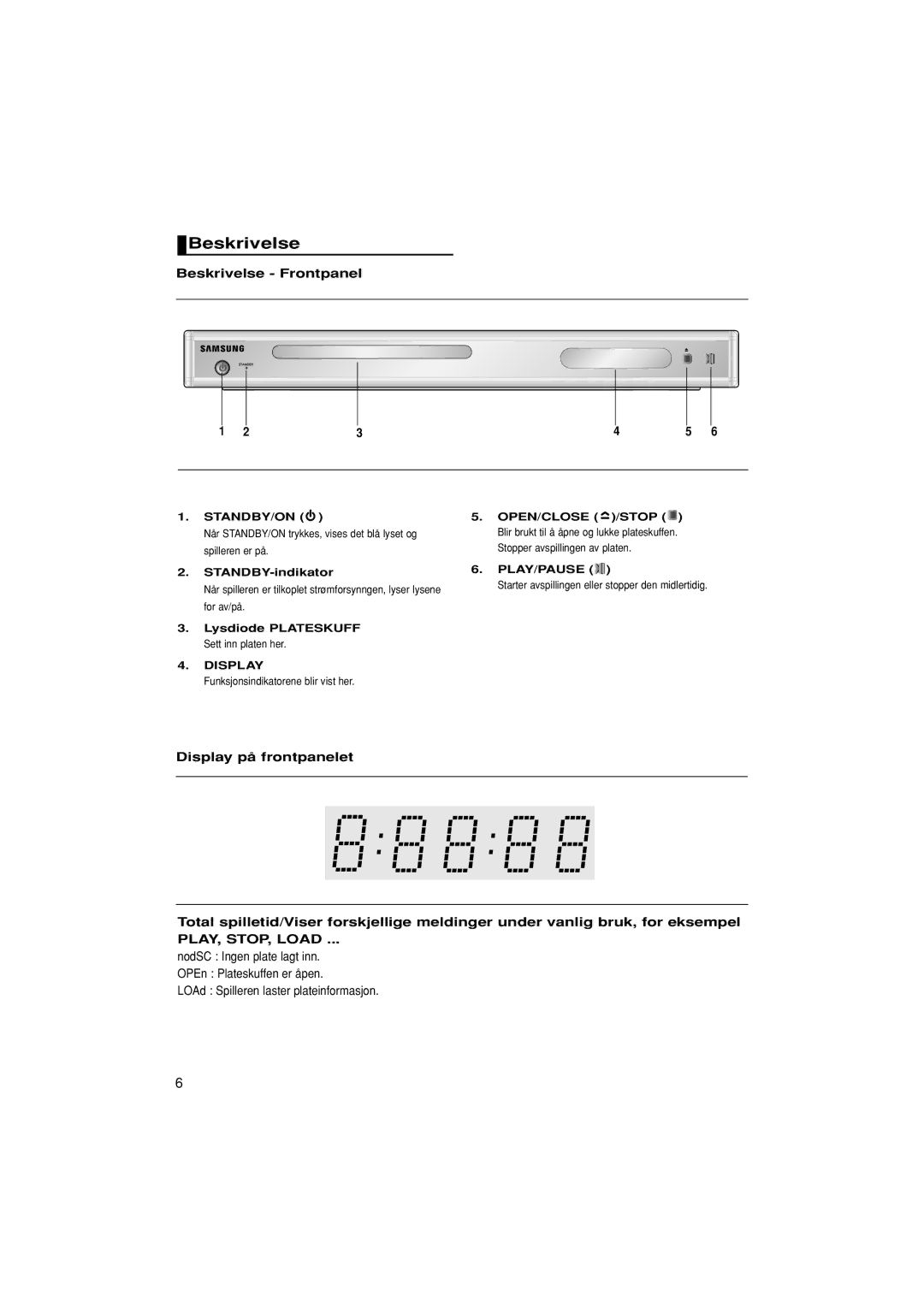 Samsung DVD-P181/XEE manual Beskrivelse Frontpanel, PLAY, STOP, Load, Lysdiode Plateskuff Sett inn platen her 