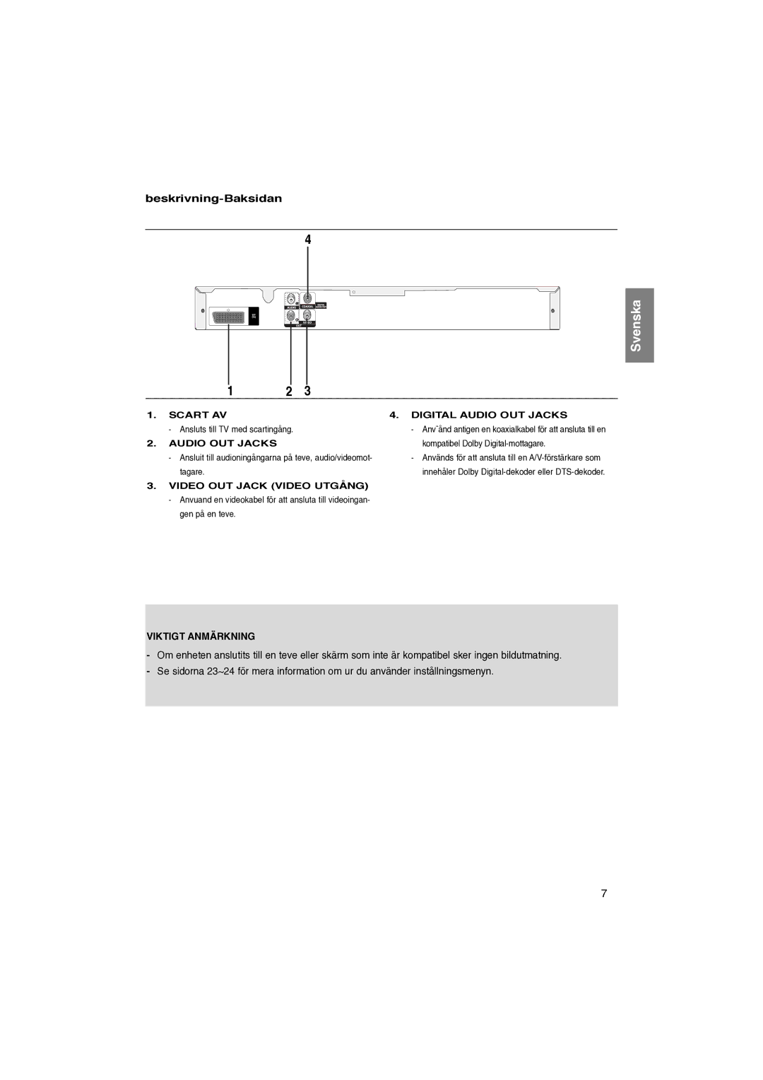 Samsung DVD-P181/XEE manual Beskrivning-Baksidan, Viktigt Anmärkning, Scart AV Digital Audio OUT Jacks 