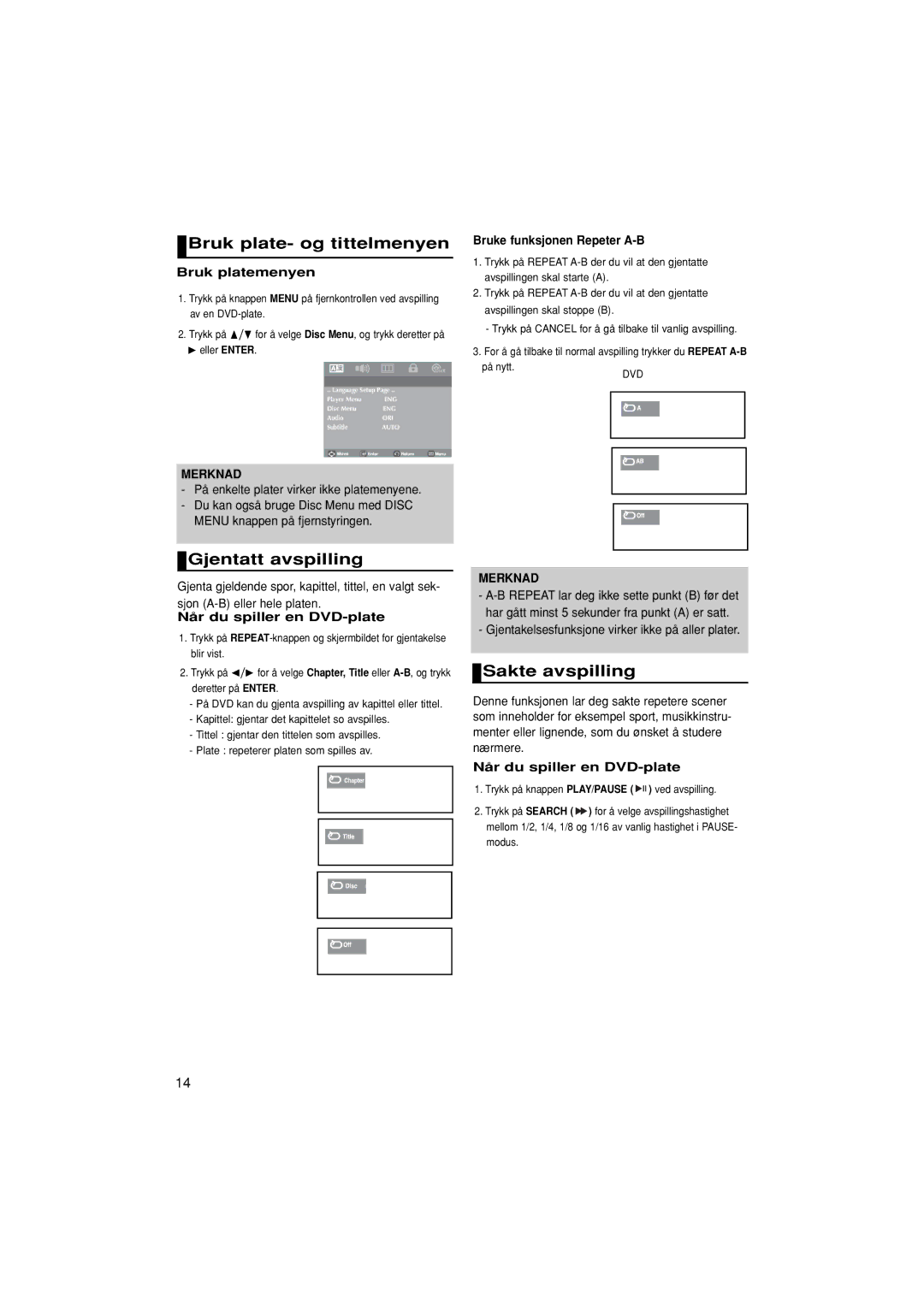 Samsung DVD-P181/XEE manual Bruk plate- og tittelmenyen, Gjentatt avspilling, Sakte avspilling 