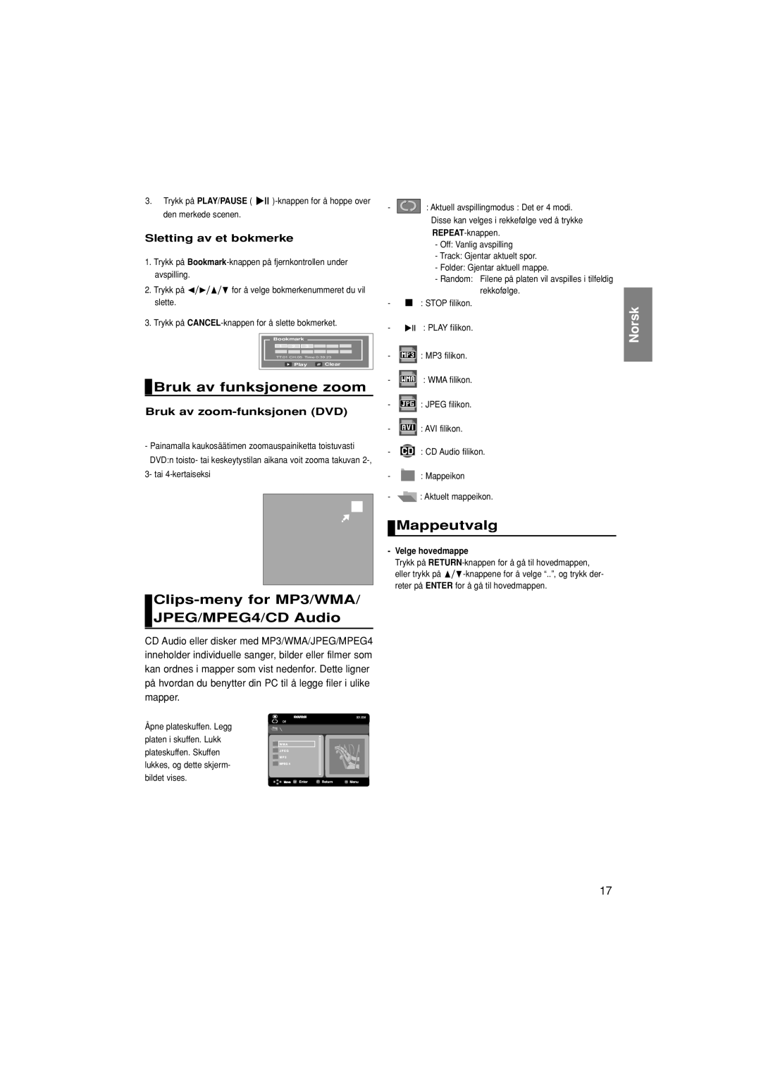 Samsung DVD-P181/XEE manual Bruk av funksjonene zoom, Clips-meny for MP3/WMA/ JPEG/MPEG4/CD Audio, Mappeutvalg 