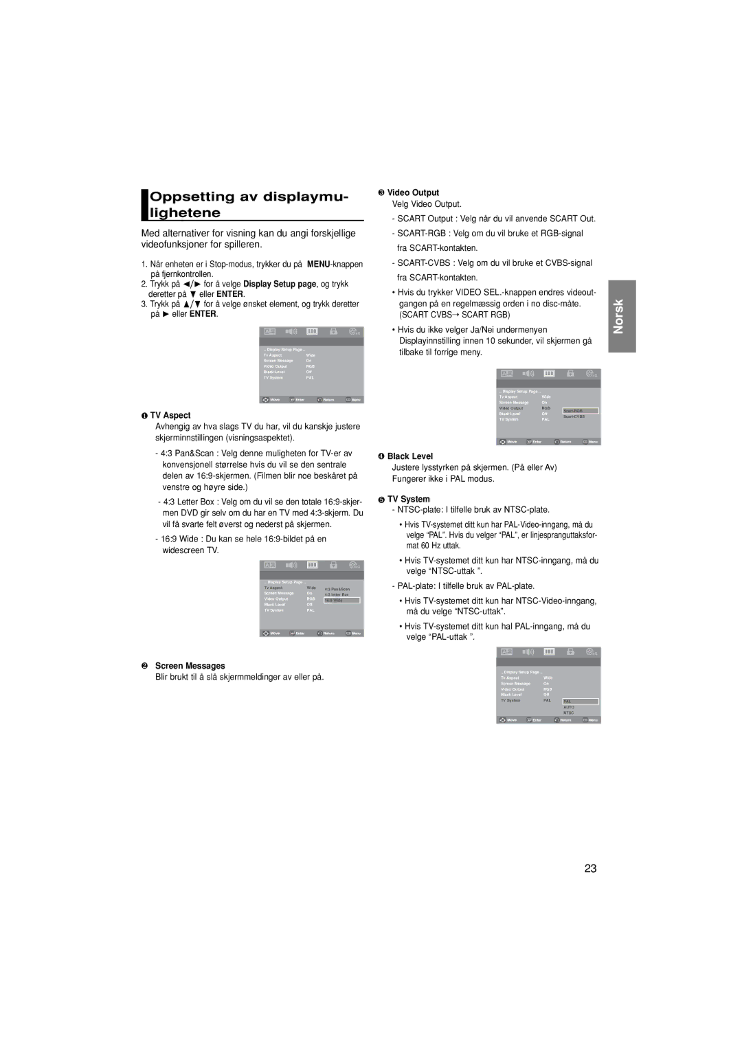 Samsung DVD-P181/XEE manual Oppsetting av displaymu- lighetene, Wide Du kan se hele 169-bildet på en widescreen TV 