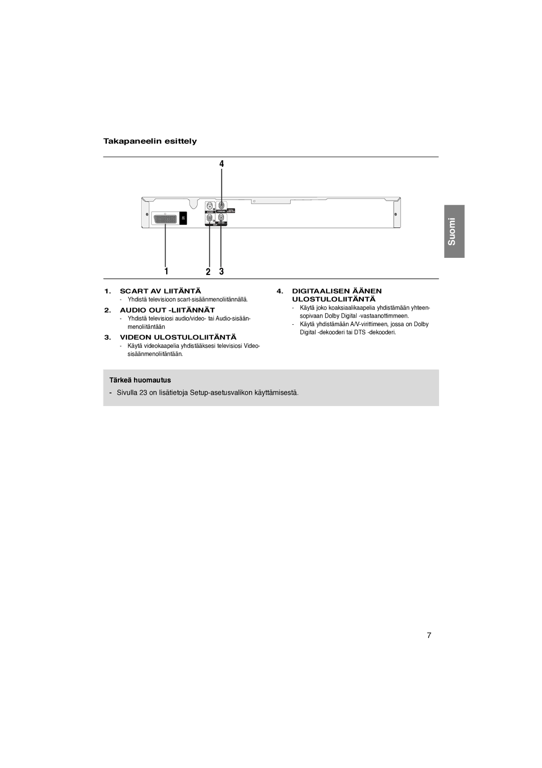 Samsung DVD-P181/XEE manual Takapaneelin esittely, Tärkeä huomautus 