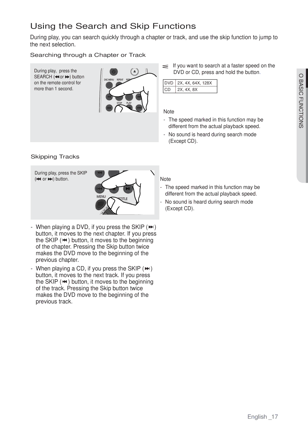 Samsung AK68-01765B, DVD-P190 Using the Search and Skip Functions, Searching through a Chapter or Track, Skipping Tracks 