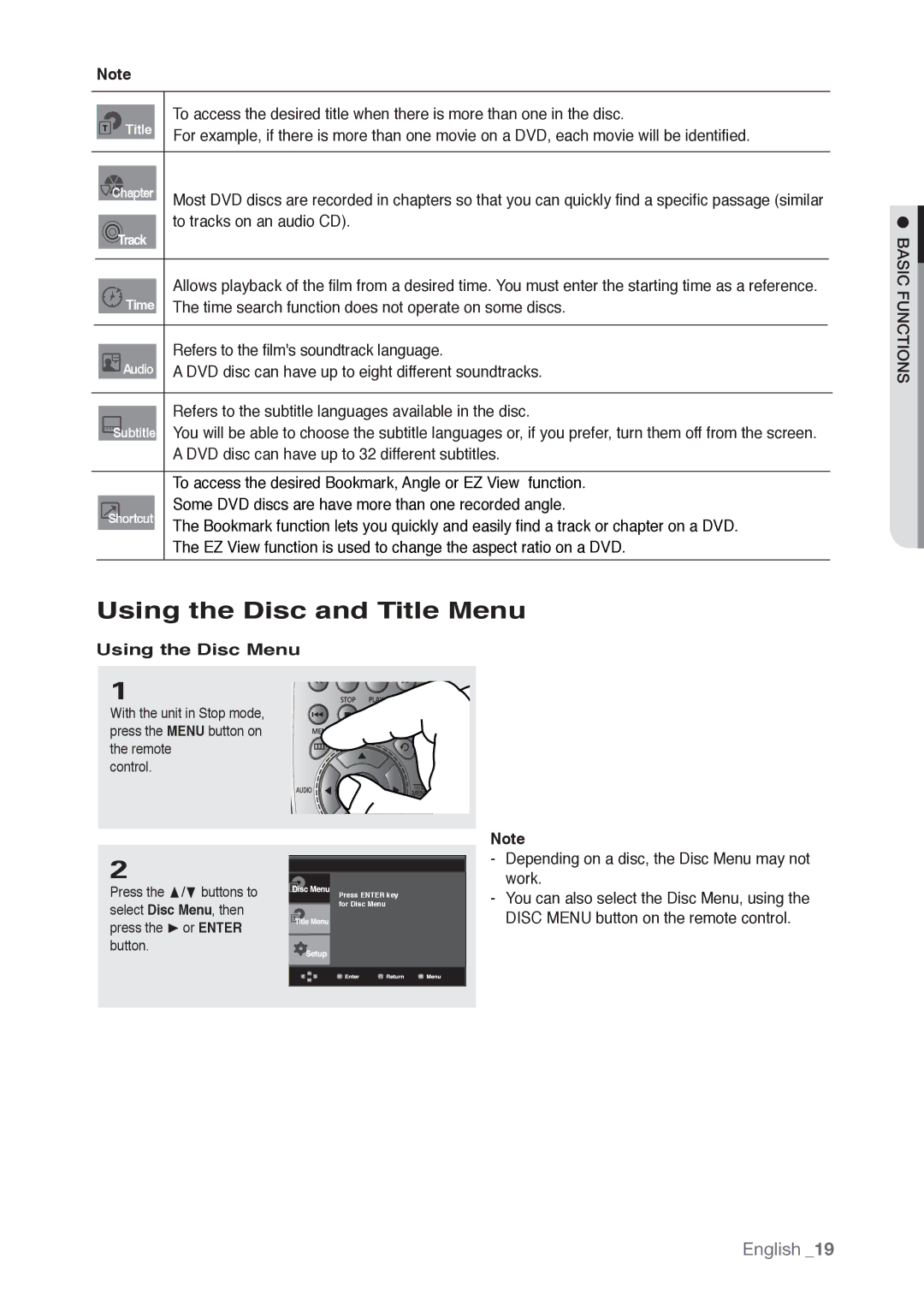 Samsung AK68-01765B, DVD-P190 user manual Using the Disc and Title Menu, Using the Disc Menu 