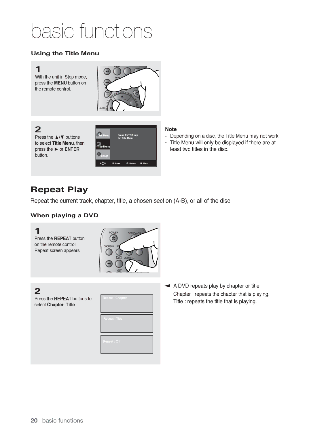 Samsung DVD-P190, AK68-01765B user manual Repeat Play, Using the Title Menu, Select Chapter , Title 