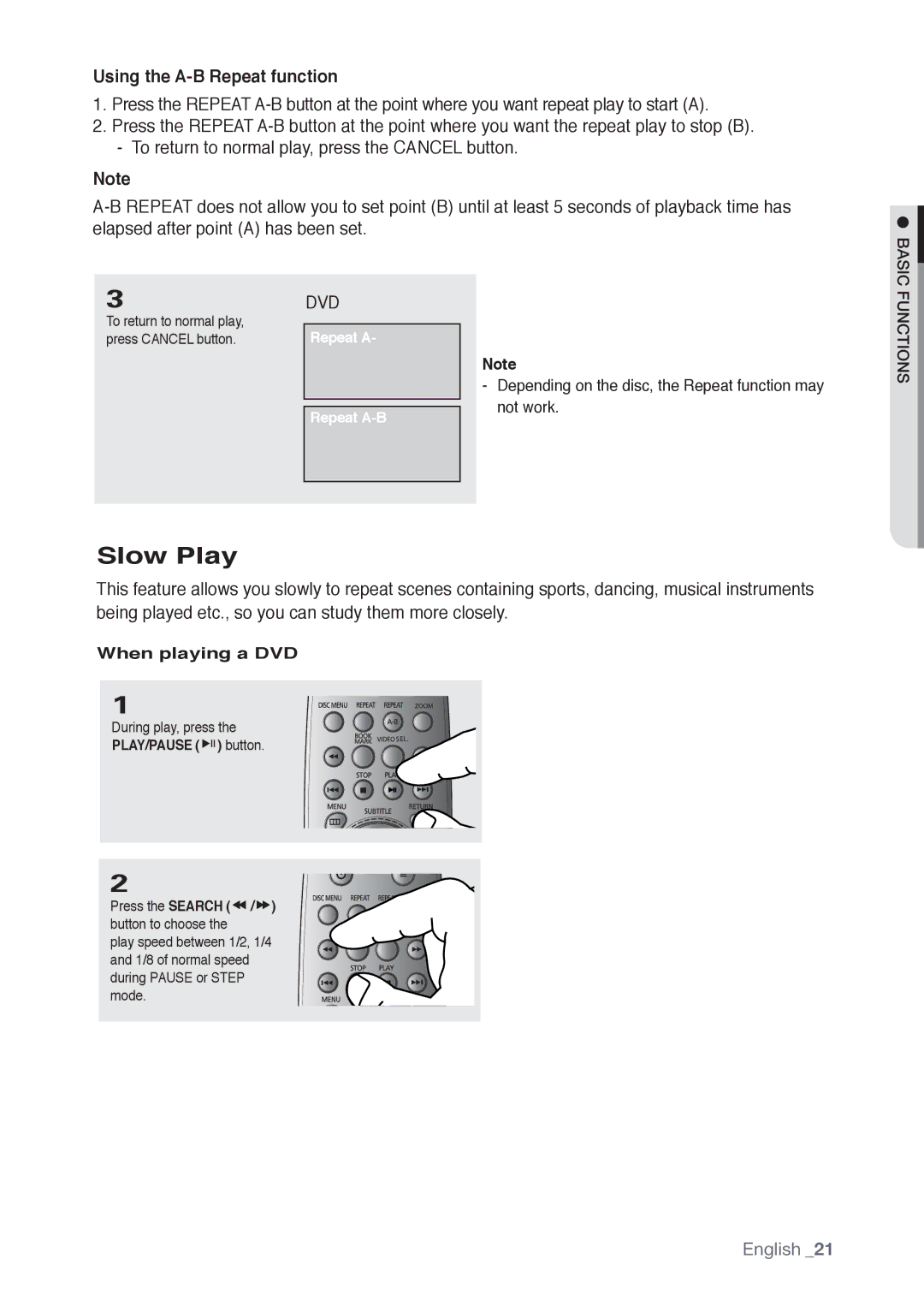 Samsung AK68-01765B Slow Play, Using the A-B Repeat function, PLAY/PAUSE button Press the Search / button to choose 