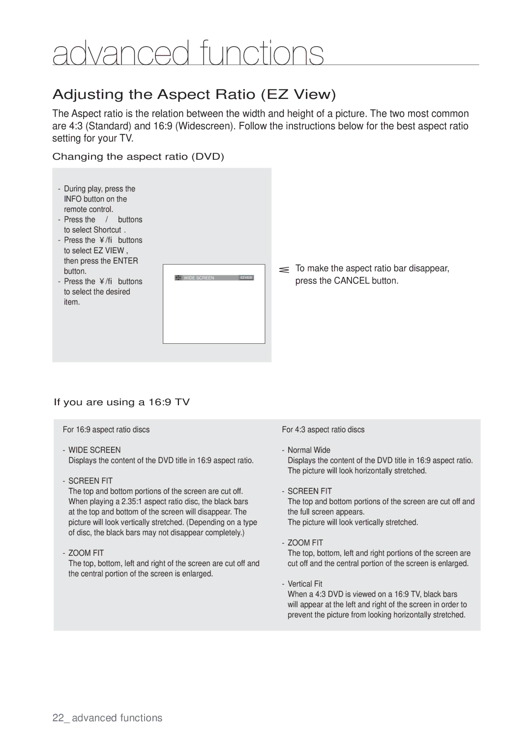 Samsung DVD-P190, AK68-01765B Adjusting the Aspect Ratio EZ View, Changing the aspect ratio DVD, If you are using a 169 TV 