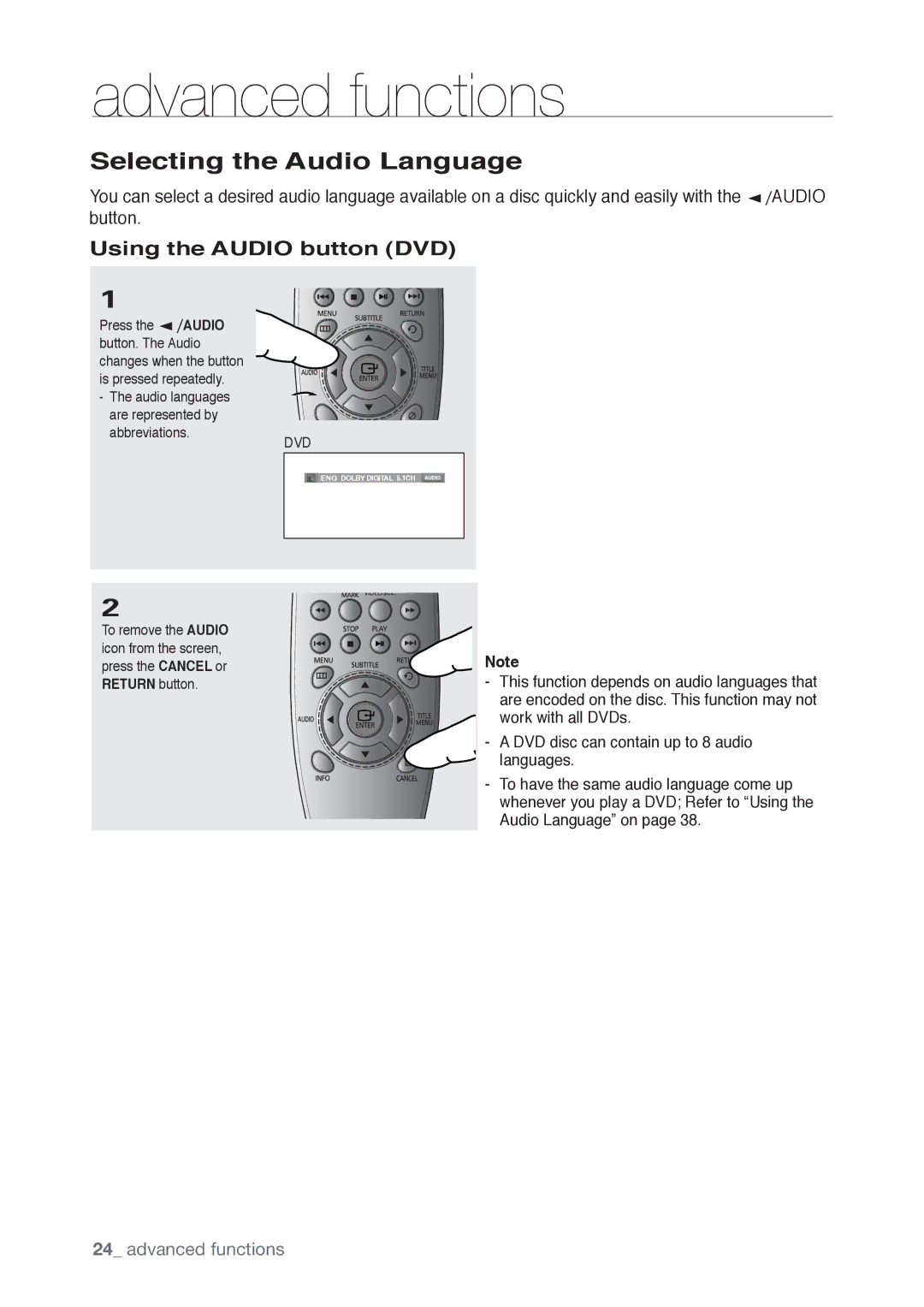 Samsung DVD-P190, AK68-01765B user manual Selecting the Audio Language, Using the Audio button DVD 