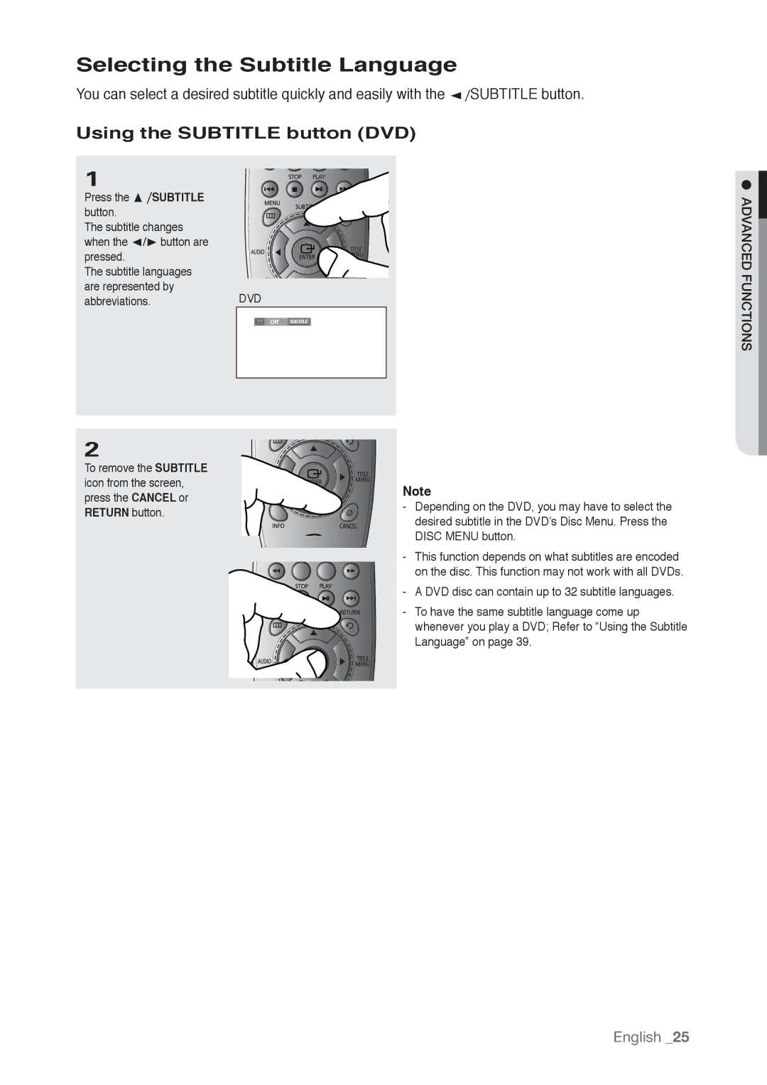 Samsung AK68-01765B, DVD-P190 user manual Selecting the Subtitle Language, Using the Subtitle button DVD 