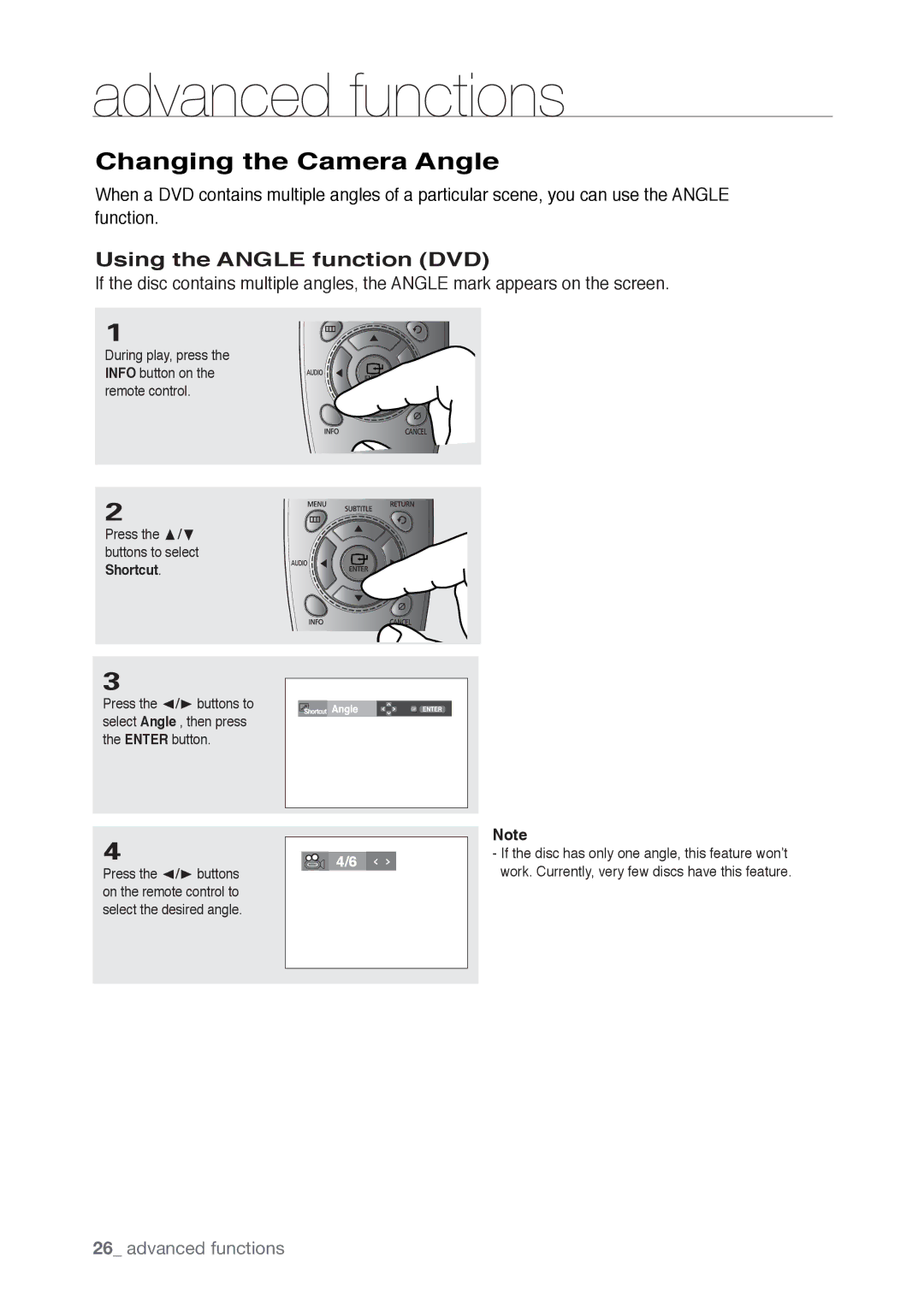 Samsung DVD-P190, AK68-01765B user manual Changing the Camera Angle, Using the Angle function DVD 