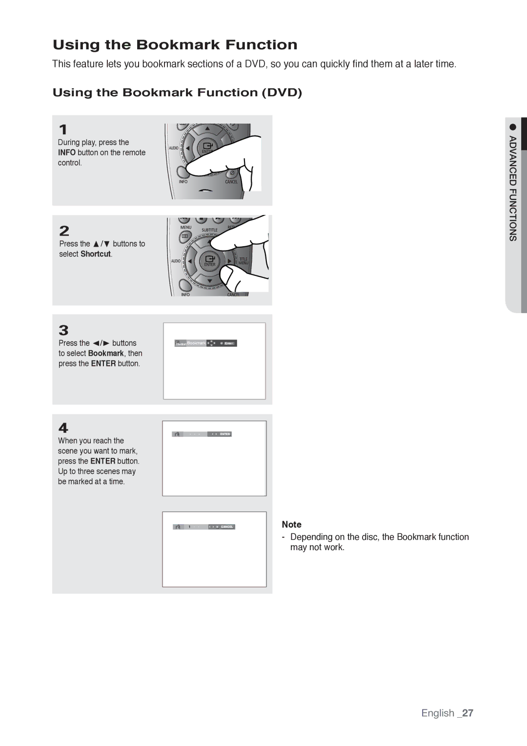 Samsung AK68-01765B, DVD-P190 user manual Using the Bookmark Function DVD 