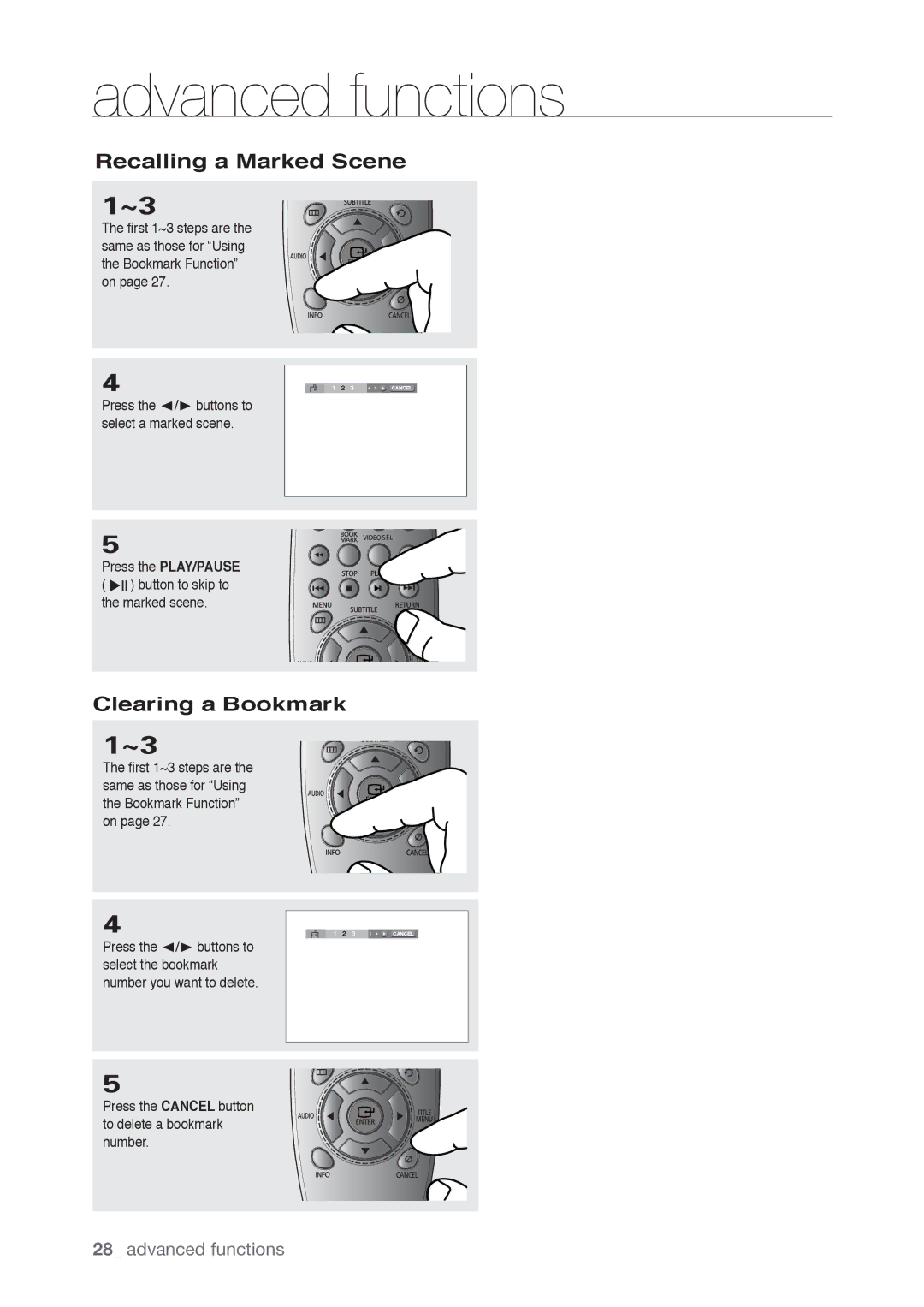 Samsung DVD-P190, AK68-01765B user manual Recalling a Marked Scene, Clearing a Bookmark 