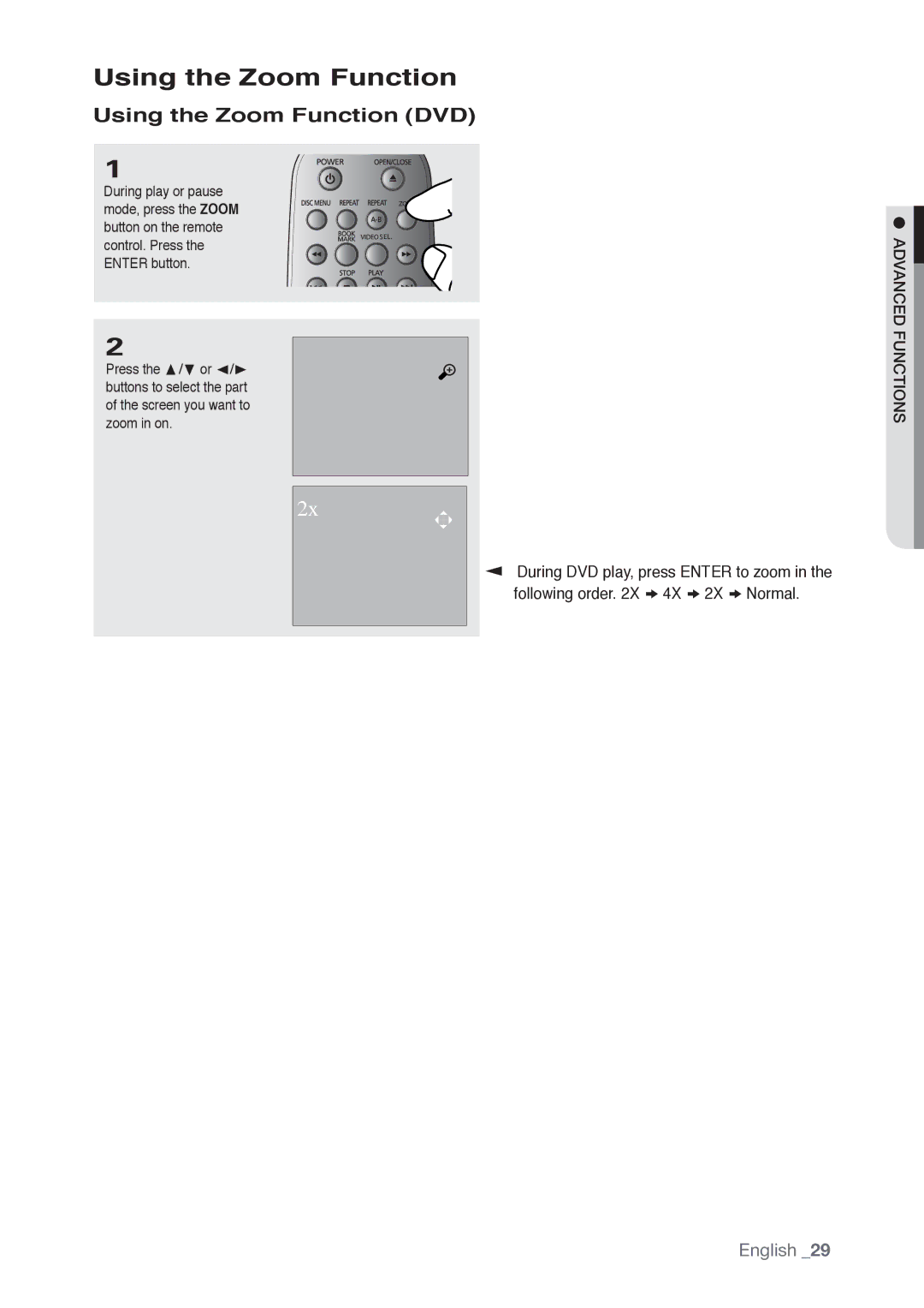 Samsung AK68-01765B, DVD-P190 user manual Using the Zoom Function DVD 