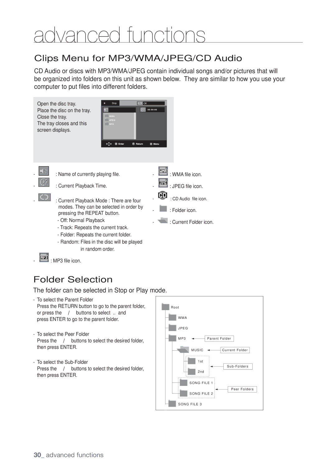 Samsung DVD-P190, AK68-01765B Clips Menu for MP3/WMA/JPEG/CD Audio, Folder Selection, To select the Parent Folder 