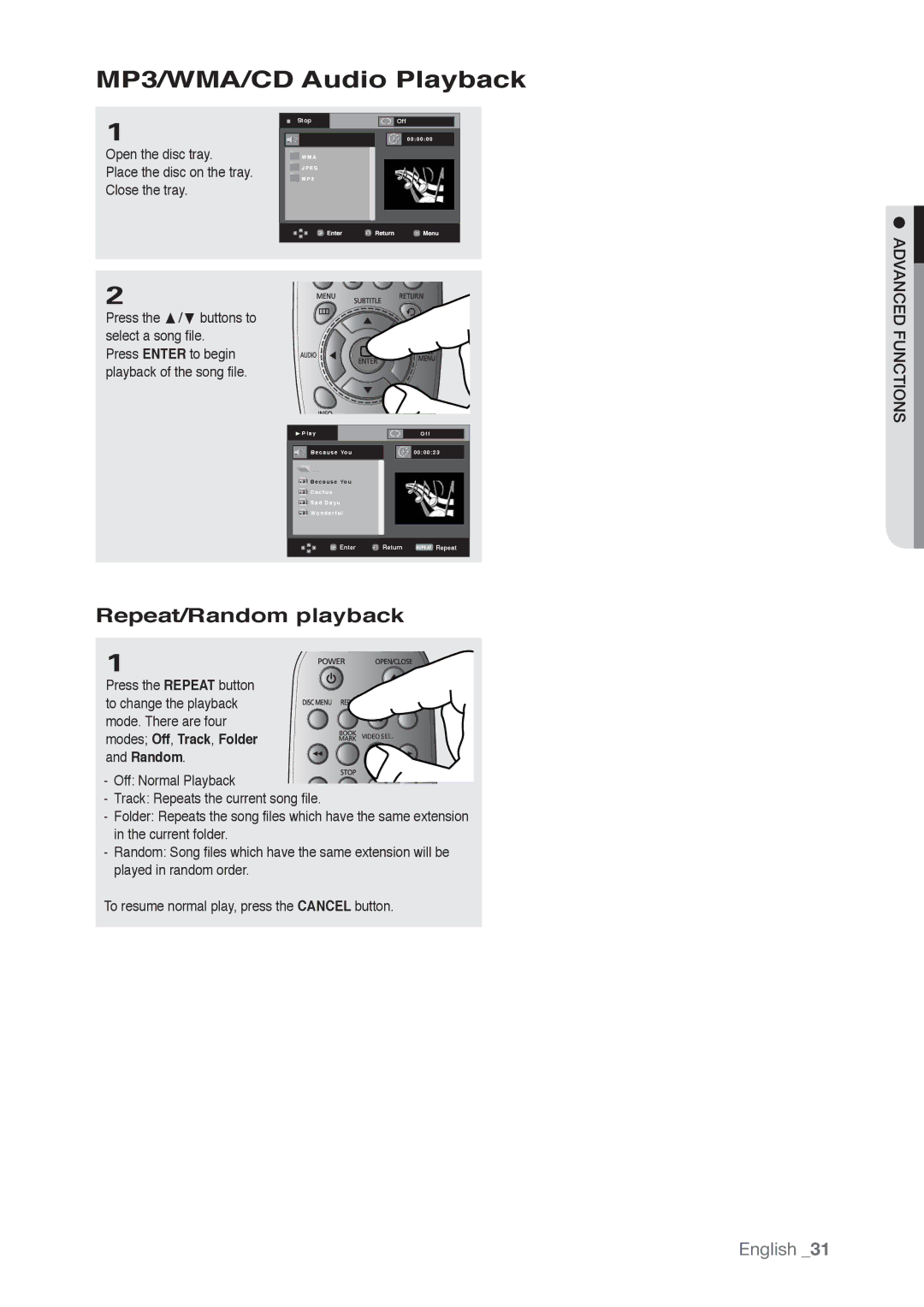 Samsung AK68-01765B, DVD-P190 user manual MP3/WMA/CD Audio Playback, Repeat/Random playback 