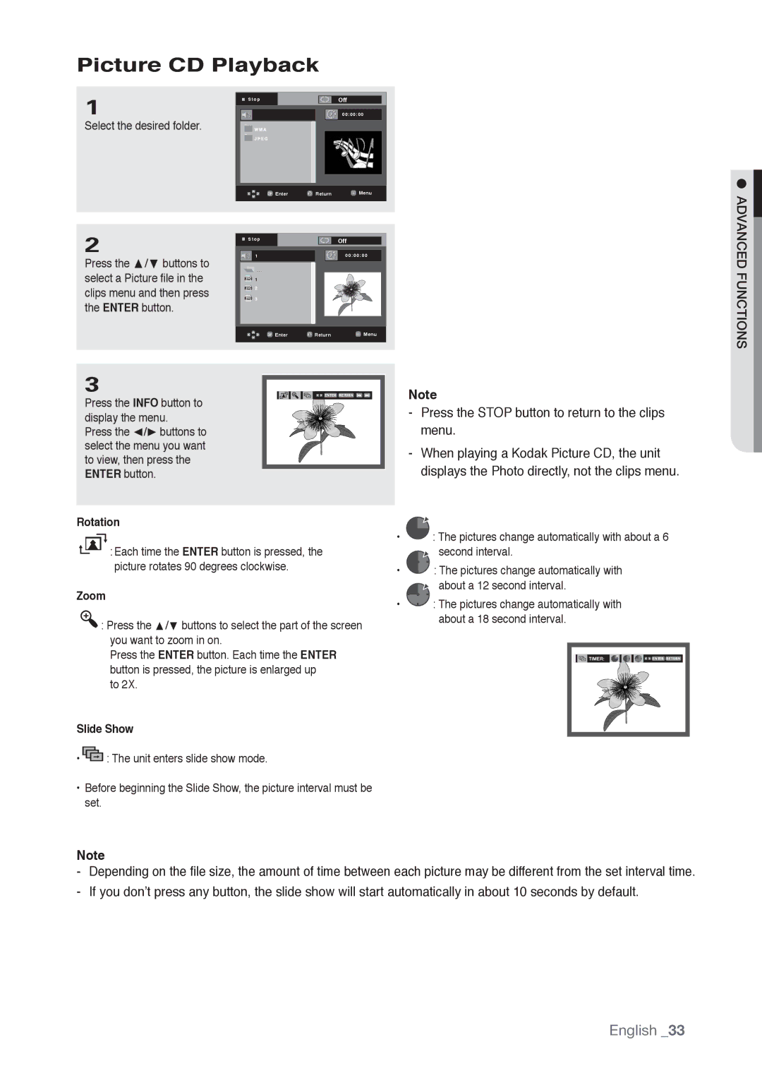 Samsung AK68-01765B, DVD-P190 user manual Picture CD Playback, Rotation, Zoom, Slide Show 