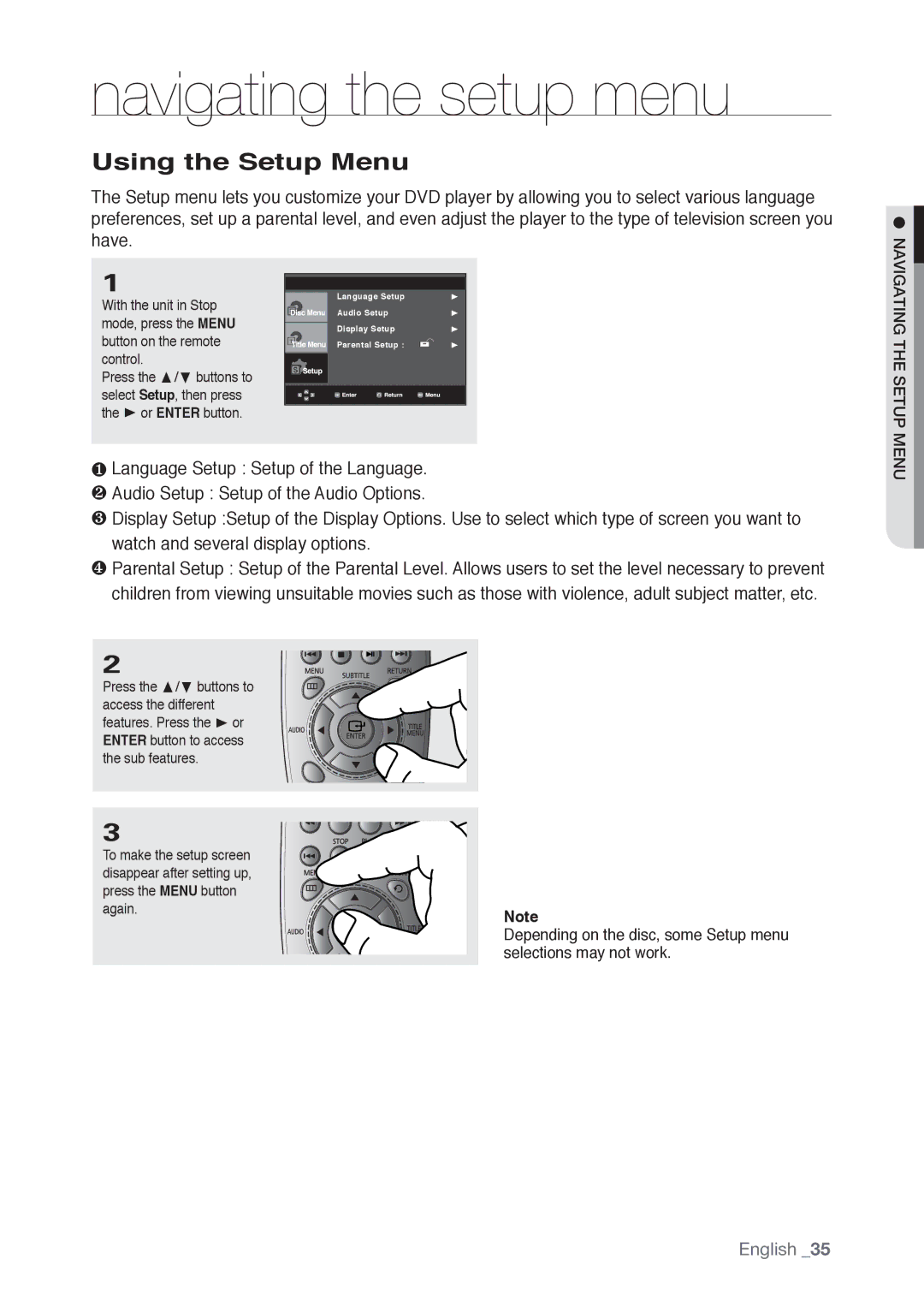 Samsung AK68-01765B, DVD-P190 user manual Navigating the setup menu, Using the Setup Menu 