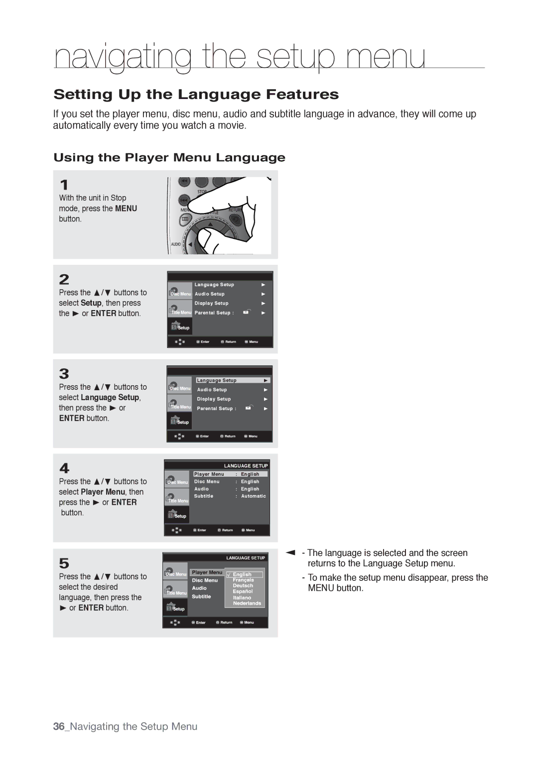 Samsung DVD-P190, AK68-01765B user manual Setting Up the Language Features, Using the Player Menu Language 