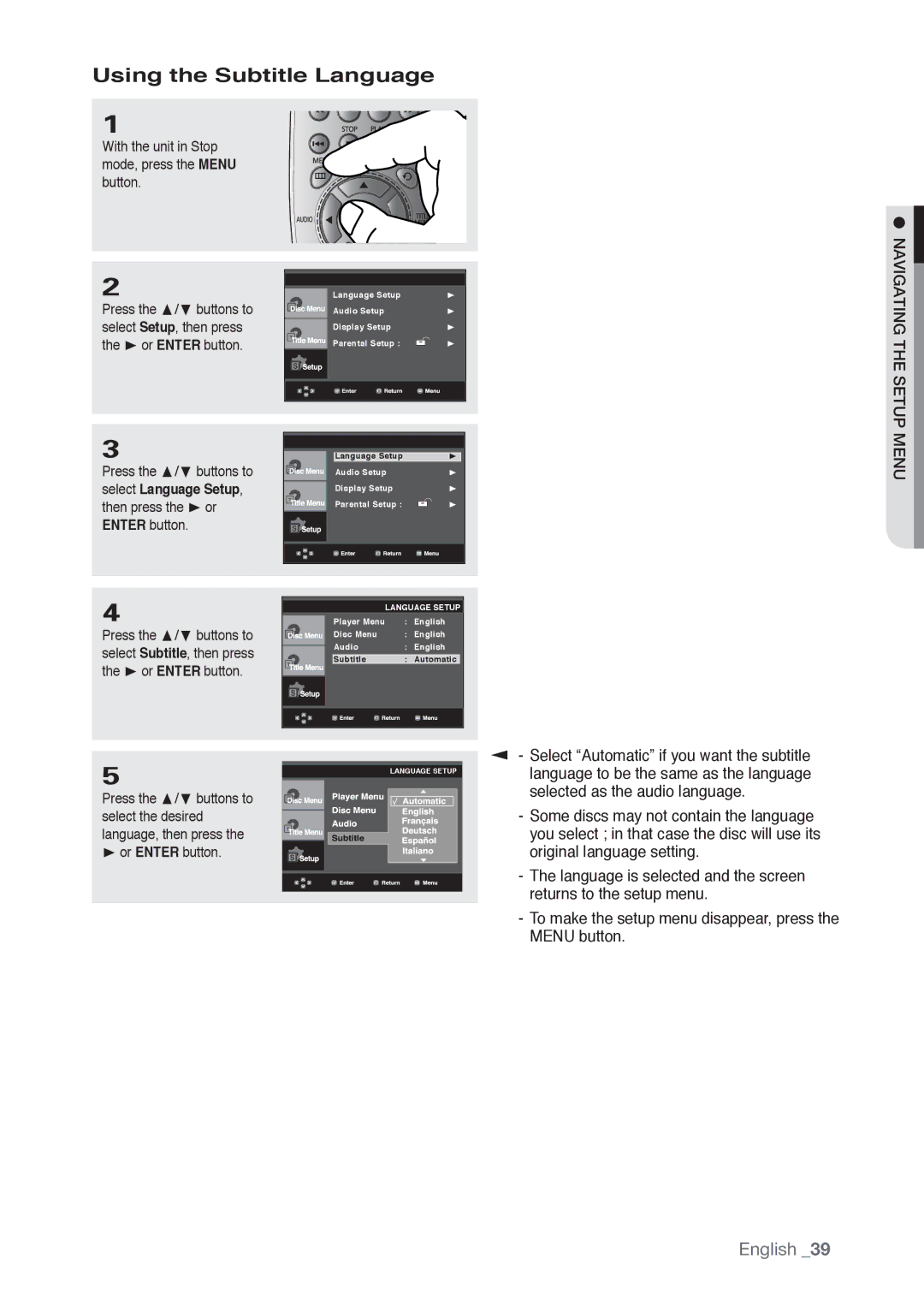 Samsung AK68-01765B, DVD-P190 user manual Using the Subtitle Language, Navigating the Setup 