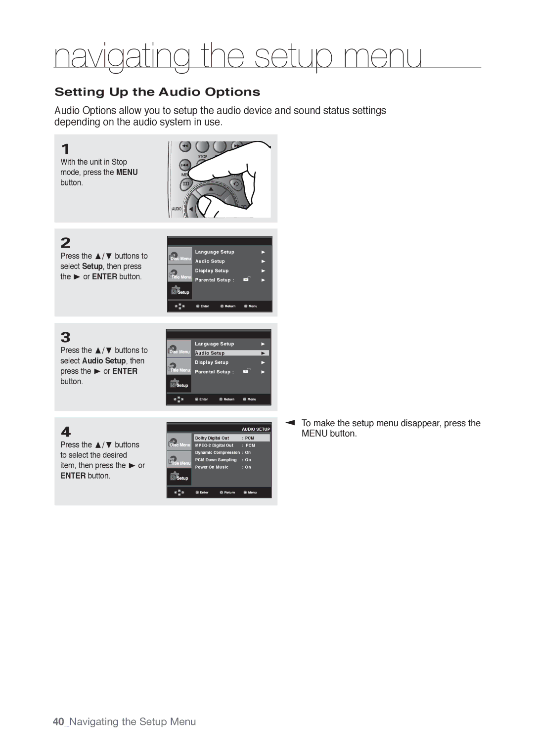 Samsung DVD-P190, AK68-01765B user manual Setting Up the Audio Options, Display Setup Parental Setup 