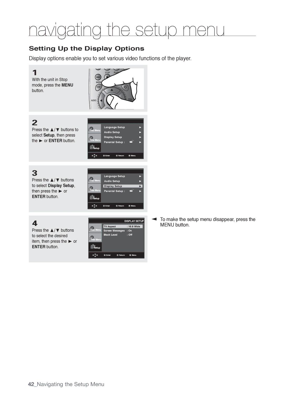 Samsung DVD-P190, AK68-01765B user manual Setting Up the Display Options, Menu button 