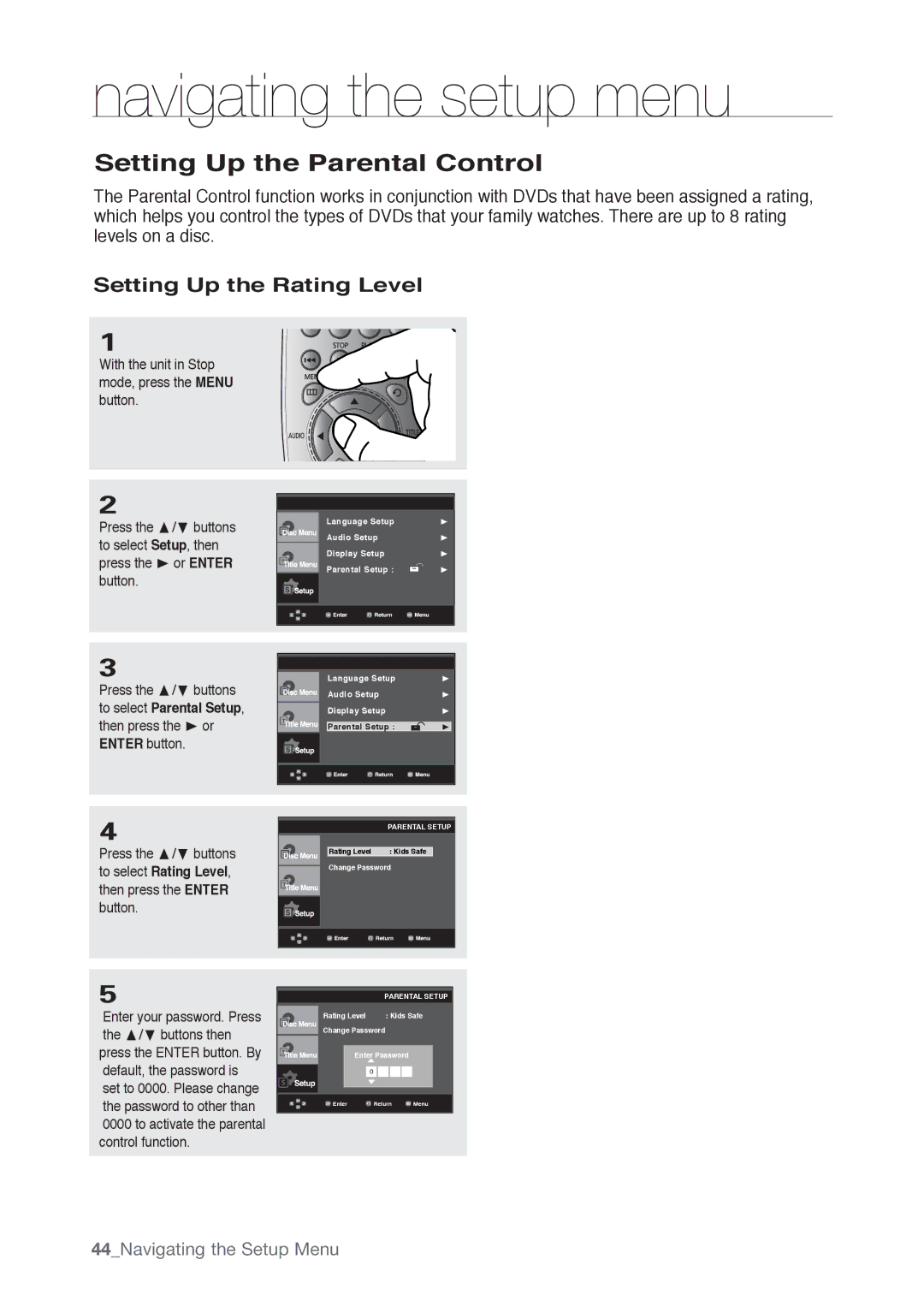 Samsung DVD-P190, AK68-01765B user manual Setting Up the Parental Control, Setting Up the Rating Level 