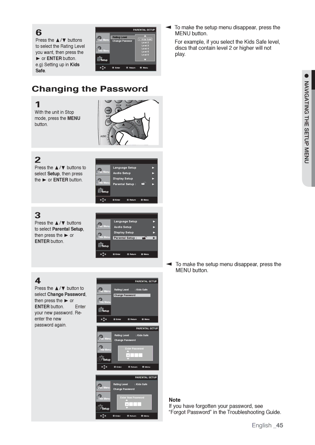 Samsung AK68-01765B, DVD-P190 user manual Changing the Password, Navigating the Setup Menu 