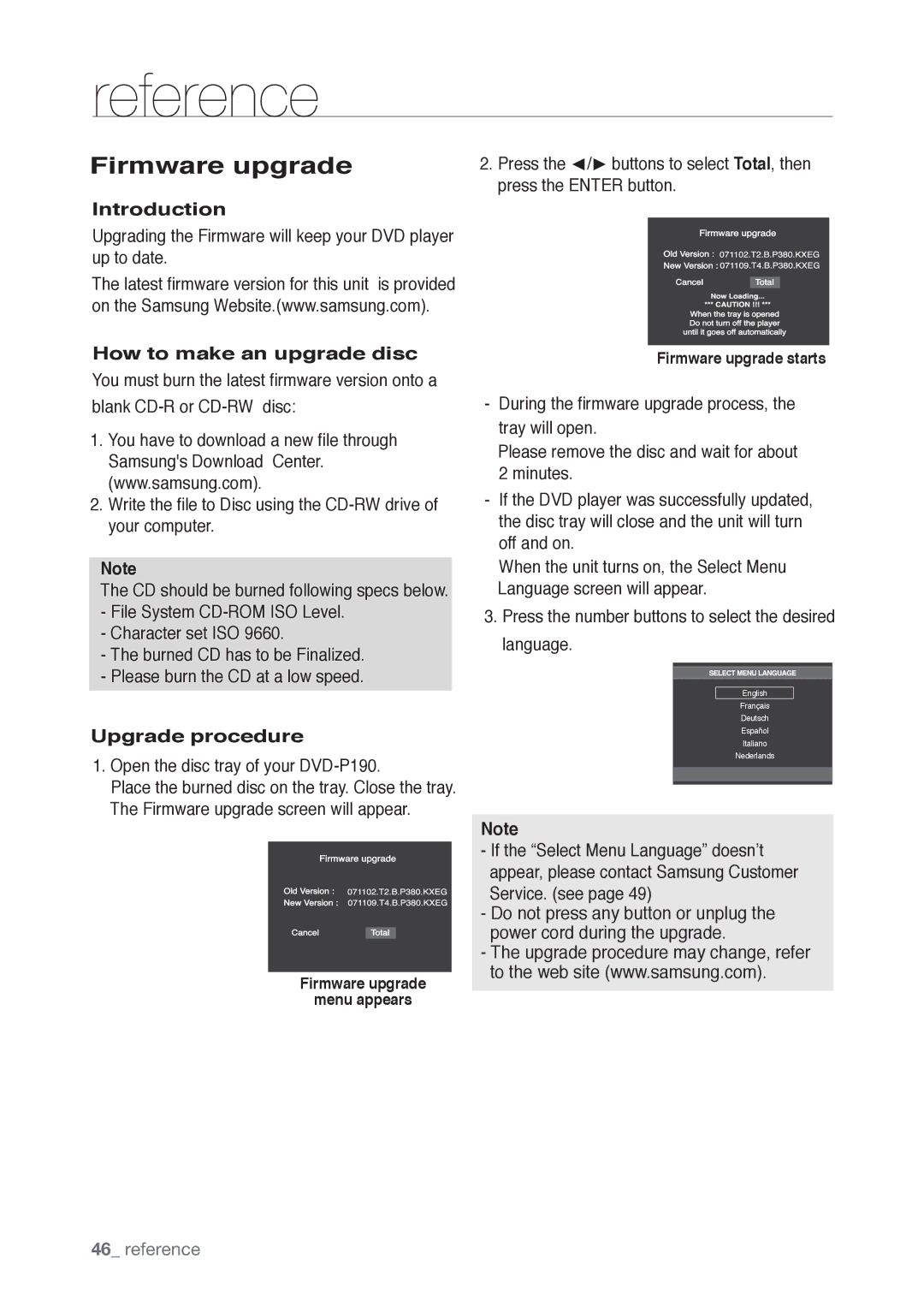 Samsung DVD-P190, AK68-01765B user manual Firmware upgrade, Introduction, How to make an upgrade disc, Upgrade procedure 