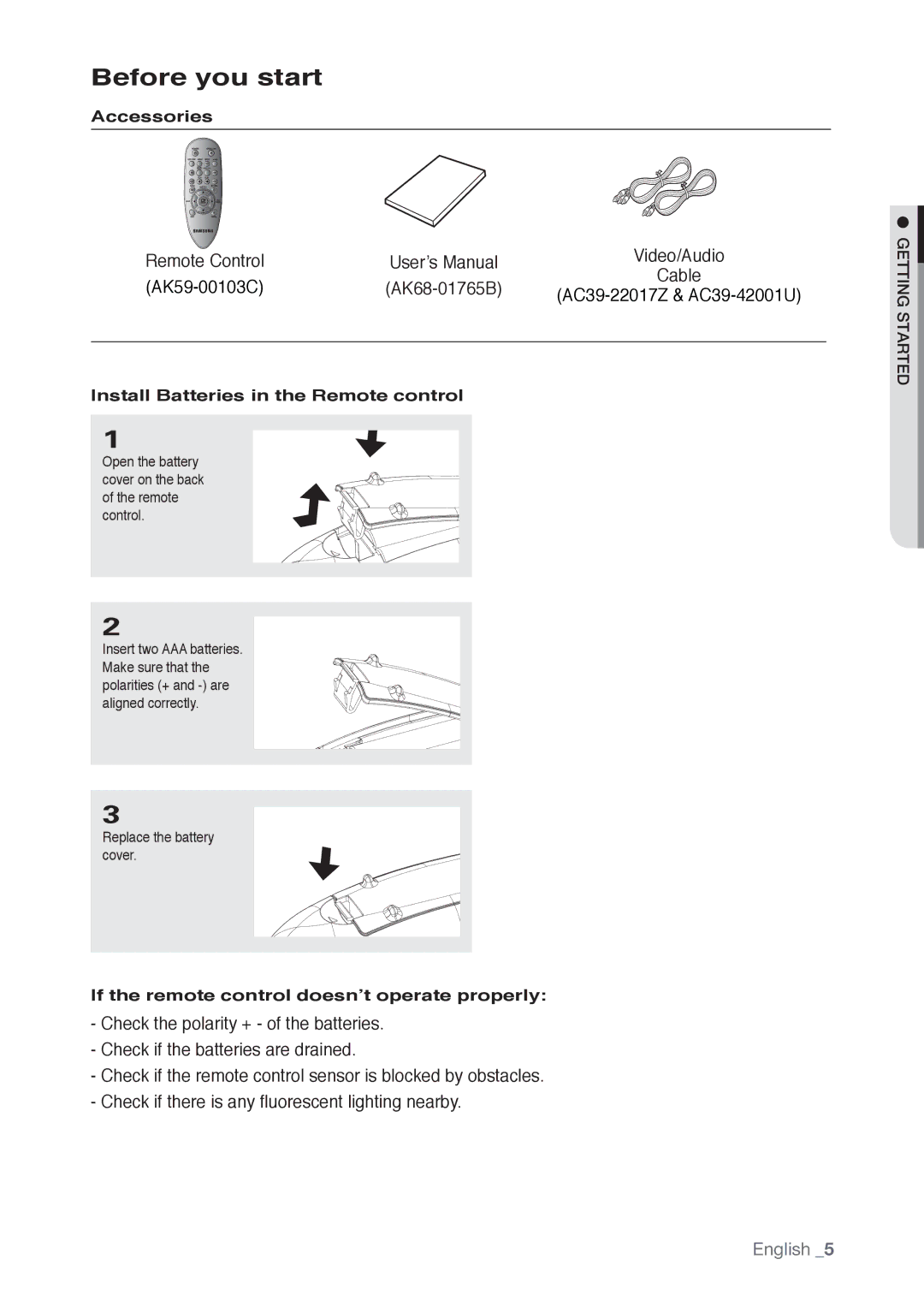 Samsung AK68-01765B, DVD-P190 user manual Before you start, Accessories, Install Batteries in the Remote control 