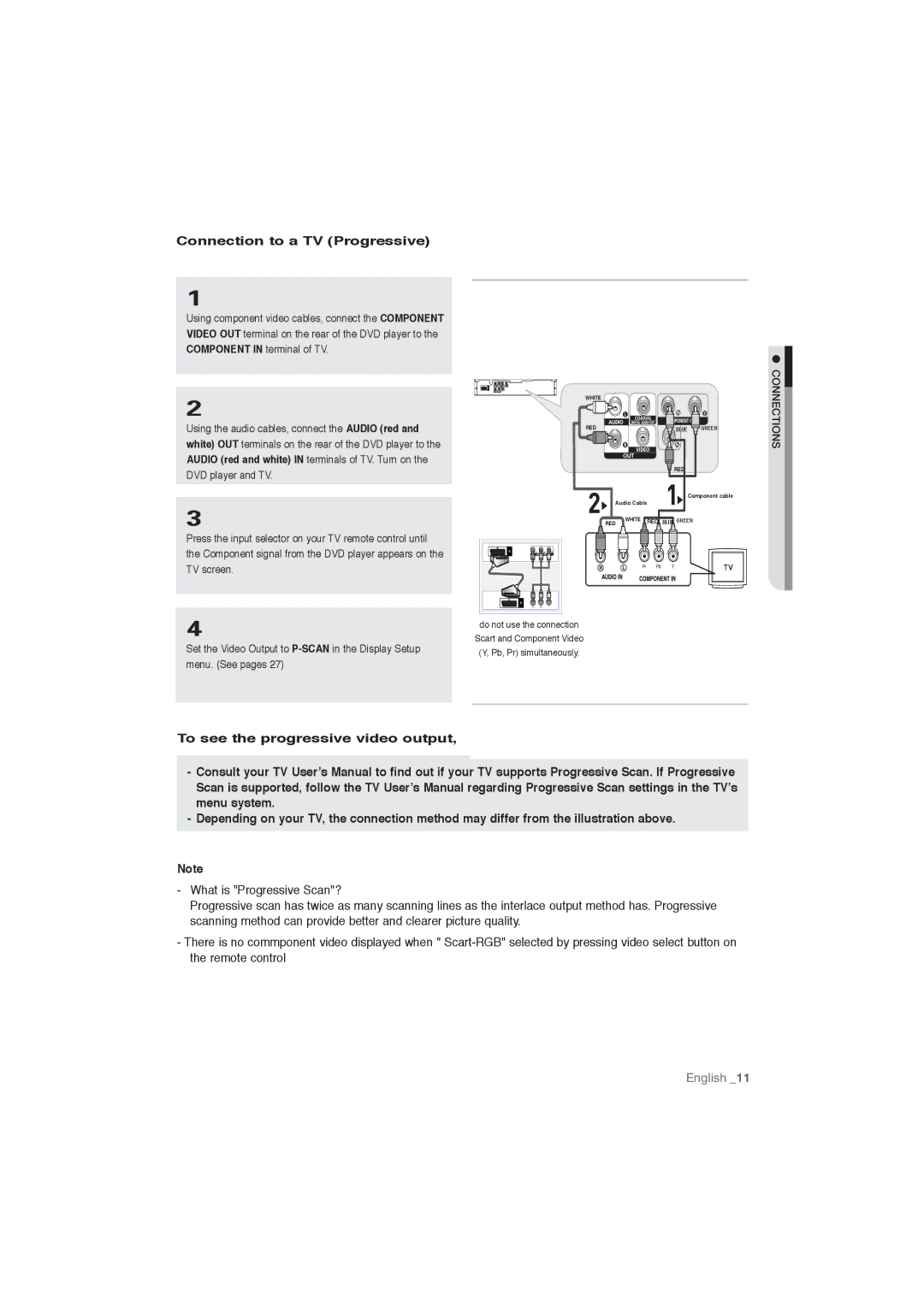 Samsung DVD-P191/XEL, DVD-P191/EDC manual Connection to a TV Progressive, To see the progressive video output, Scan is 